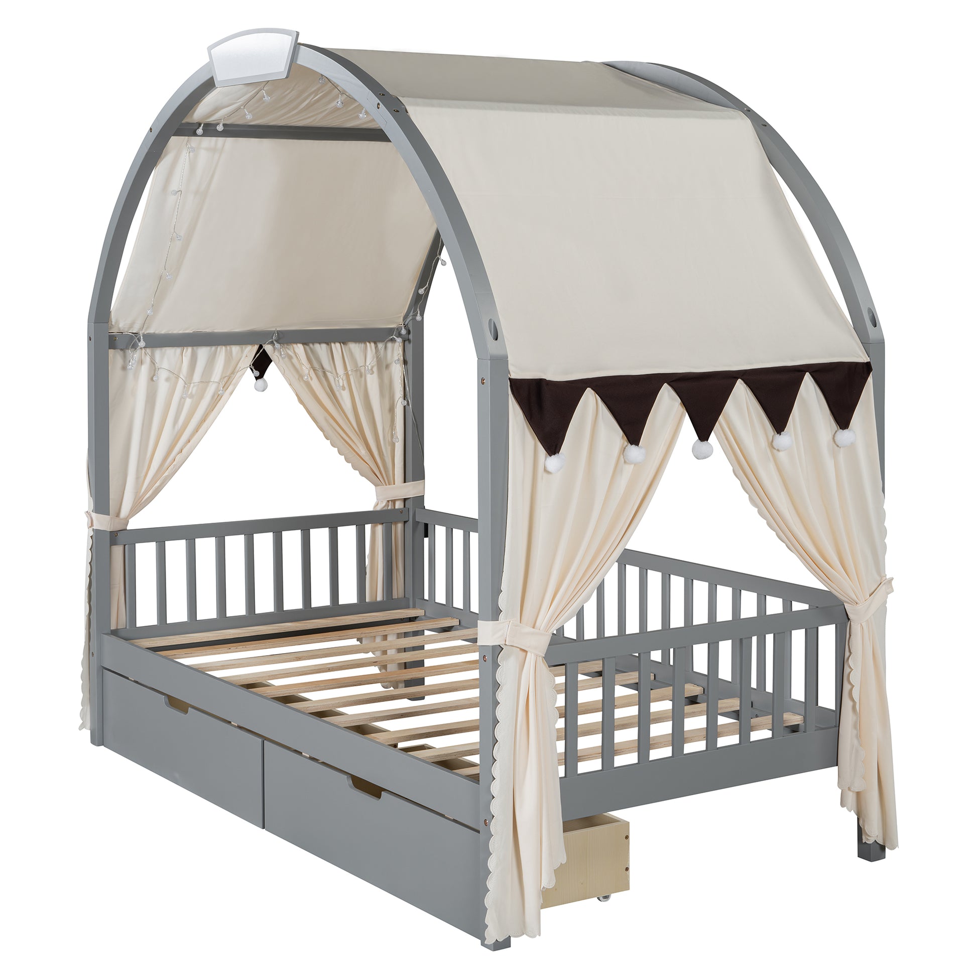 Twin Size Bed With Arched Roof And 2 Drawers, Gray Twin Gray Plywood