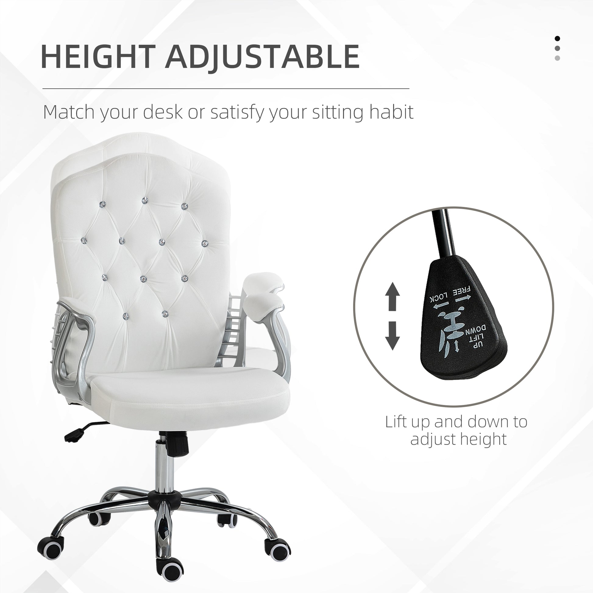 Vinsetto Home Office Chair, Velvet Computer Chair, Button Tufted Desk Chair With Swivel Wheels, Adjustable Height, And Tilt Function, White White Polyester