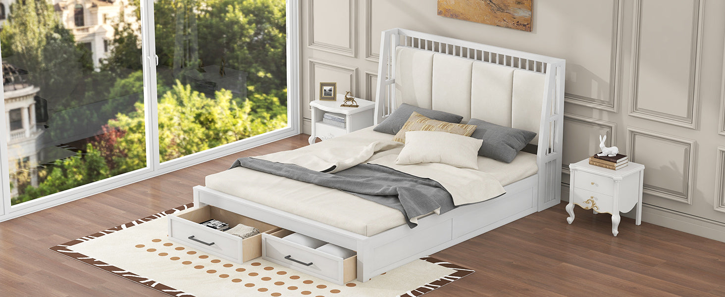 Queen Size Wood Platform Bed With Upholstered Headboard And 2 Drawers, Antique White Box Spring Not Required Queen White Wood Bed Frame Solid Wood Mdf