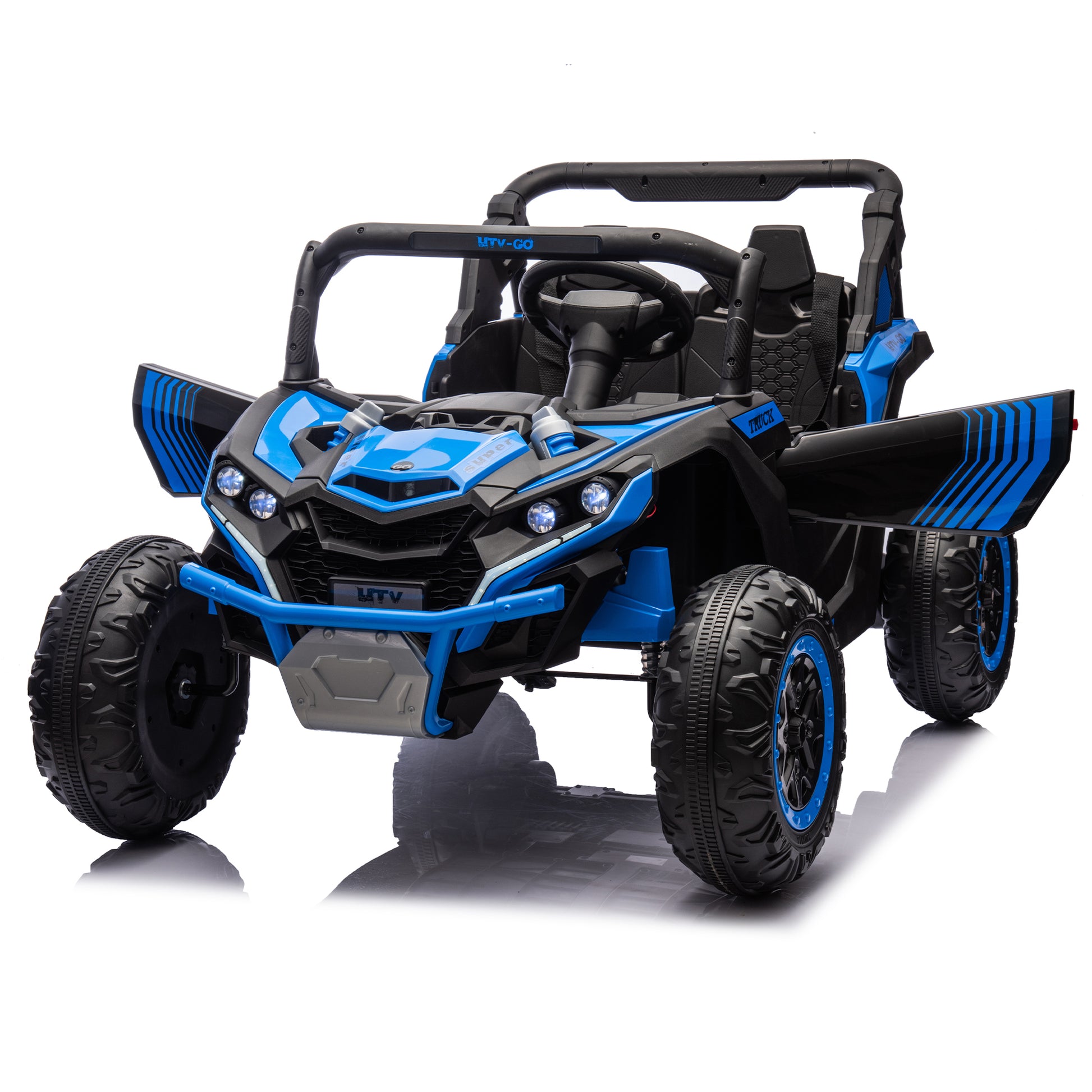 24V Two Seater Kids Ride On Utv W Parents Remote Control,Four Wheel Suspension,Slow Start,Large Wheel Design,Anti Collision Bar,Storage Space,Music,Usb,Bluetooth,Volume Control,Led Lights For Kids 3 . Blue 100 149 Lbs Polypropylene