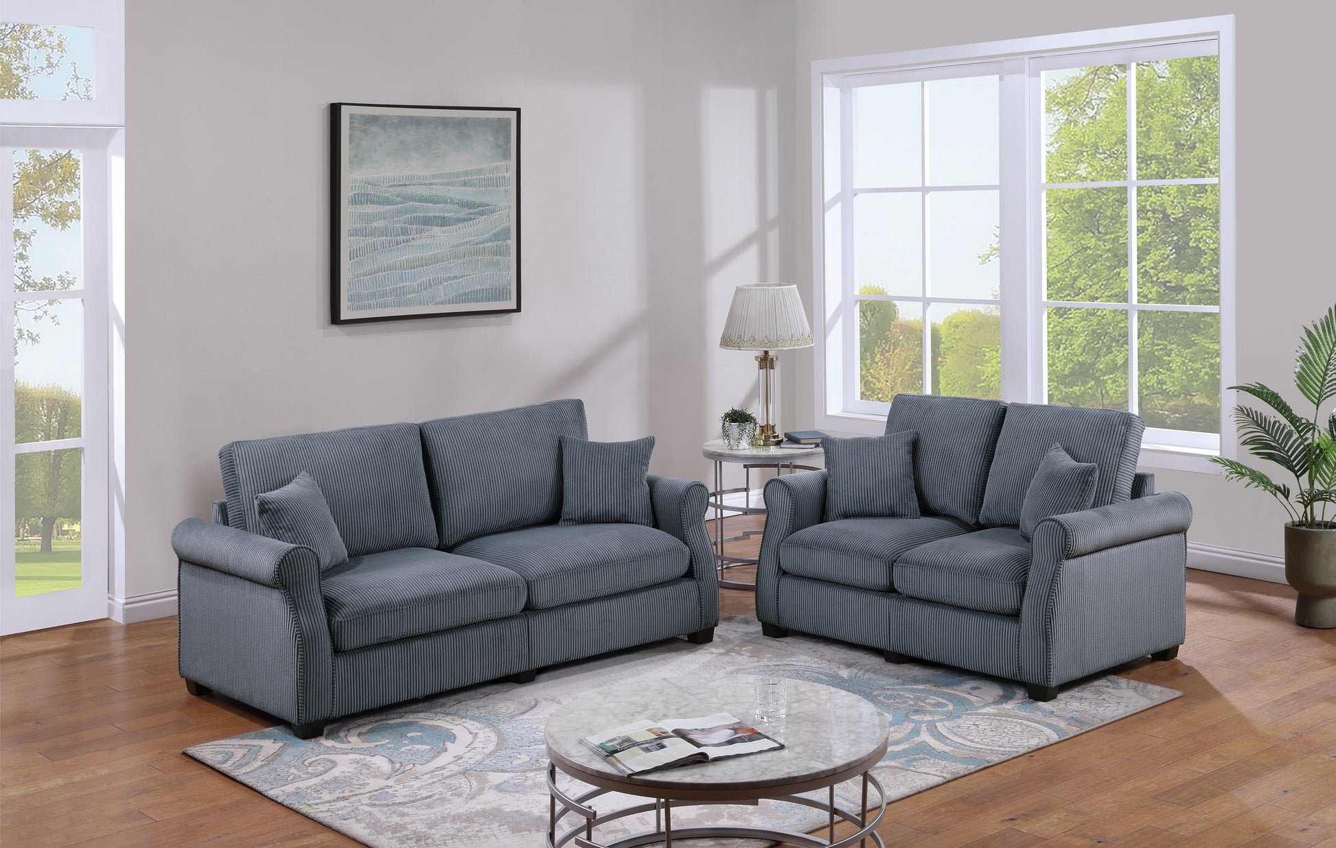 Classic Living Room 2Pc Sofa Set Dark Gray Corduroy Sofa Loveseat W Pillows Square Arms Plush Couch Dark Gray Primary Living Space Cushion Back Classic,Contemporary,Modern Rubberwood Rolled Arms Corduroy 4 Seat
