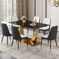 Table And Chair Set.Modern Rectangular Dining Table With Black Textured Stickers Glass Tabletop And Gold Plated Metal Legs.Paried With 6 Comfortable Chairs With Pu Seats And Black Metal Legs. Black Gold,White,White Gray Seats 6 Glass Metal