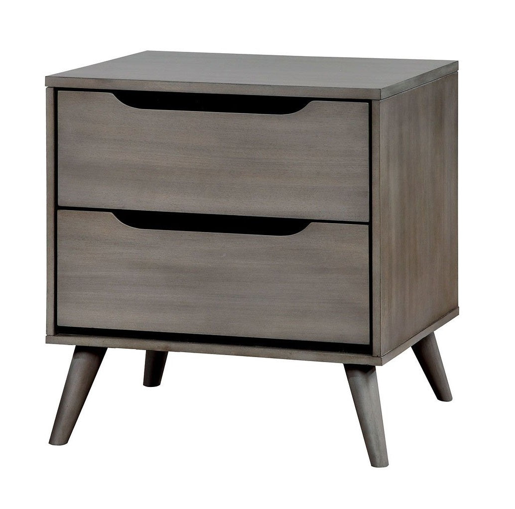 Mid Century Modern Gray Color 1Pc Nightstand Bedroom Furniture Solid Wood Round Tapered Legs 2 Drawers Bedside Table Gray Gray 2 Drawers Bedroom Bedside Cabinet Contemporary,Mid Century