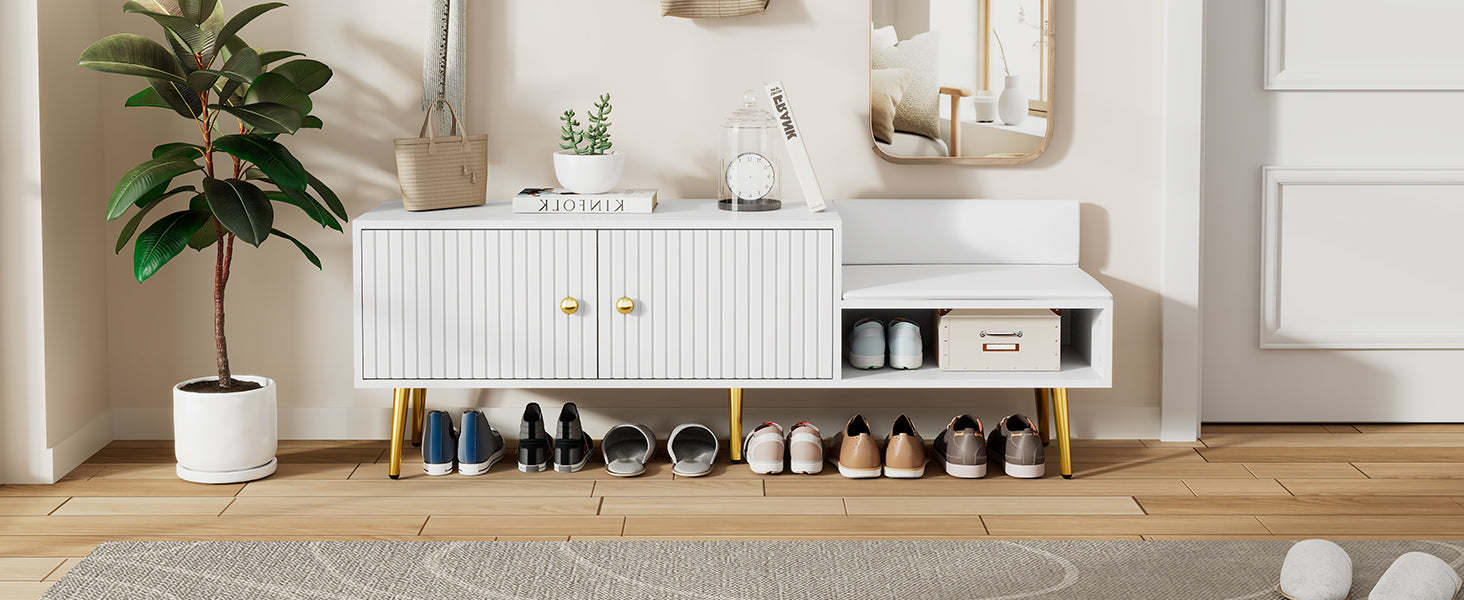 Modern Shoe Storage Bench With Hidden Storage And Upholstered Cushions For Bedside, Living Room And Entryway White White Mdf Metal