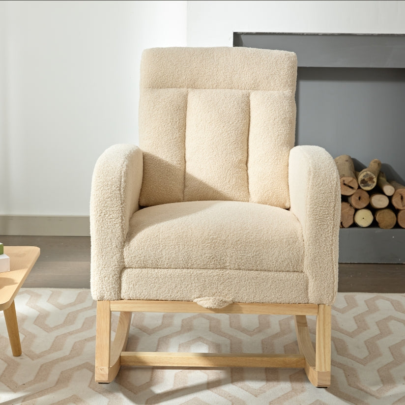 Modern Accent Rocking Chair Rocking Chair With Solid Wood Legs, Adjustable Footrest,Comfy Armchair With Side Pocket, Living Room Lounge Arm Chair With High Backrest Beige,Teddy Beige Polyester Blend