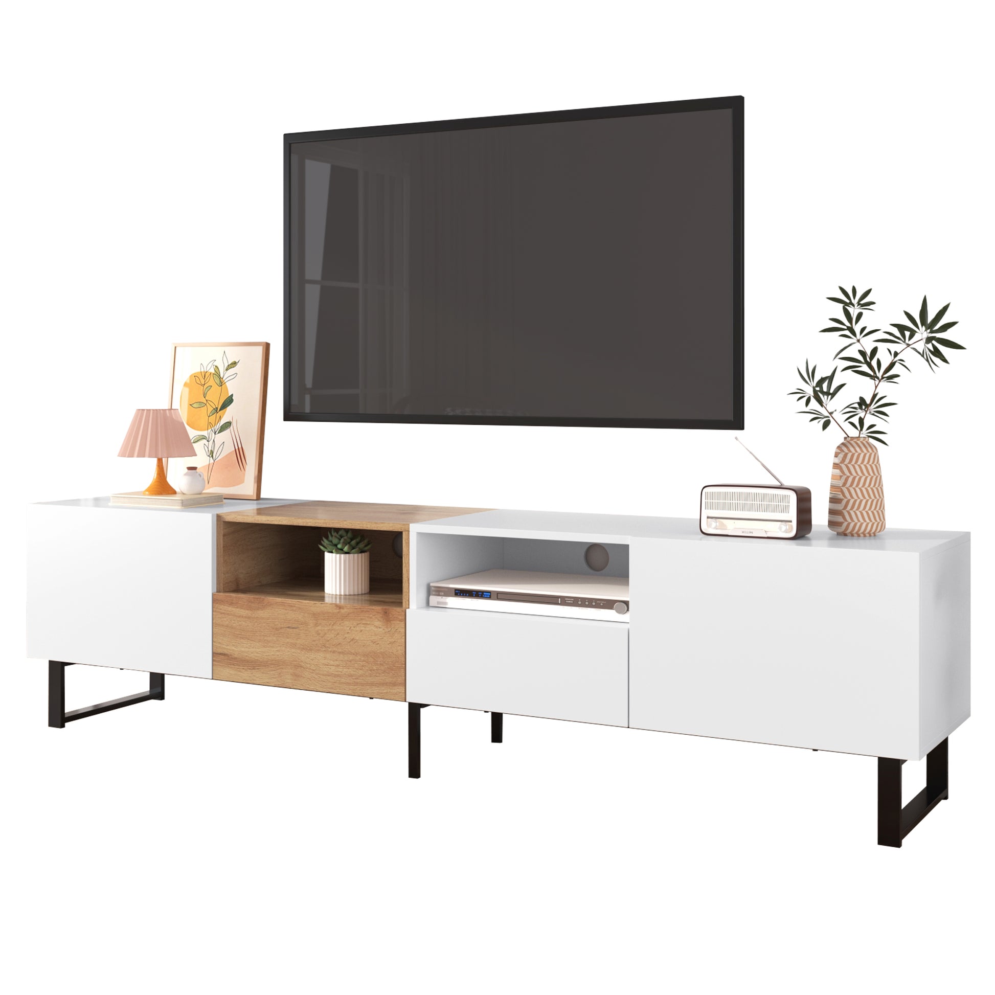 Modern Tv With 2 Cabinets& Open Storage Compartment, Color Matching Media Console Table For Tvs Up To 85'', Entertainment Center With Drop Down Door For Living Room, Bedroom, Home Theatre Wood Brown Primary Living Space 70 79 Inches 90 Inches Or Larger