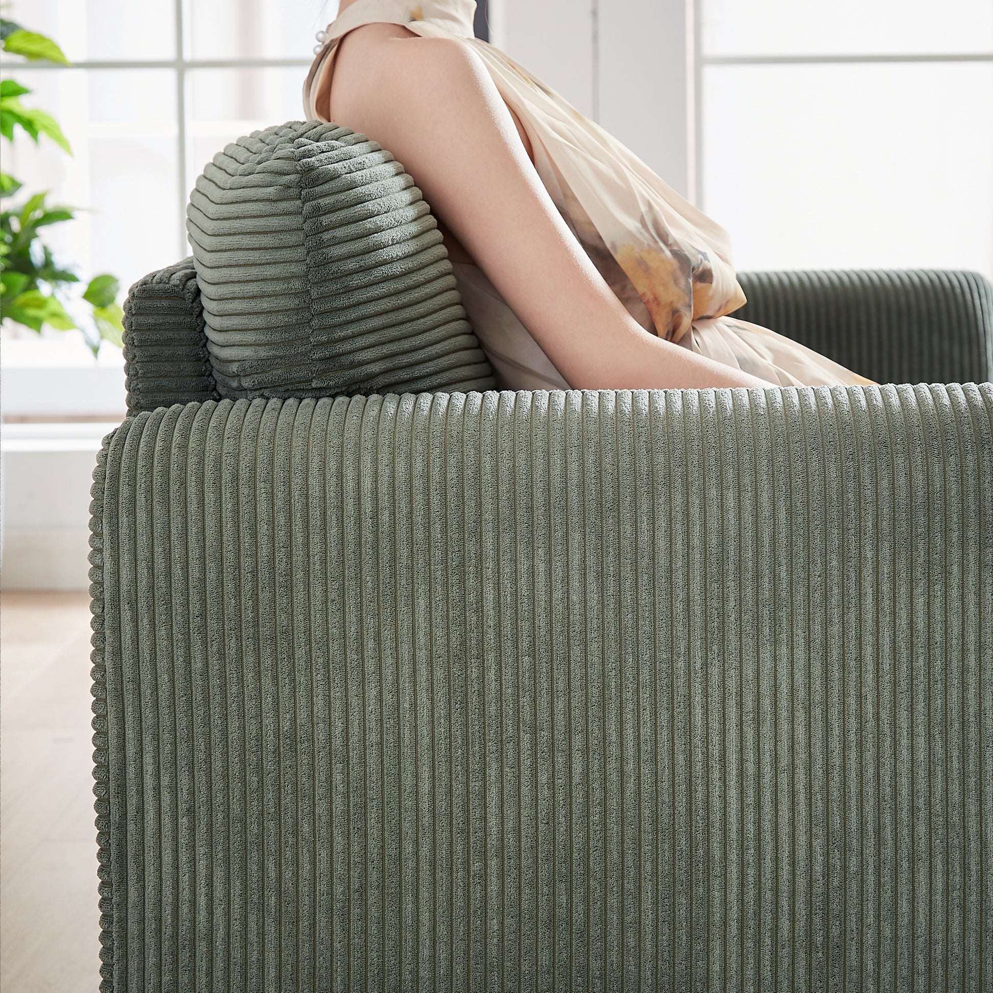 Two 60"Corduroy Fabric Sofa With 33" Single Sofa, Modern Sofa With Support Pillow, For Apartment, Office, Living Room & Bedroom Green Corduroy 5 Seat