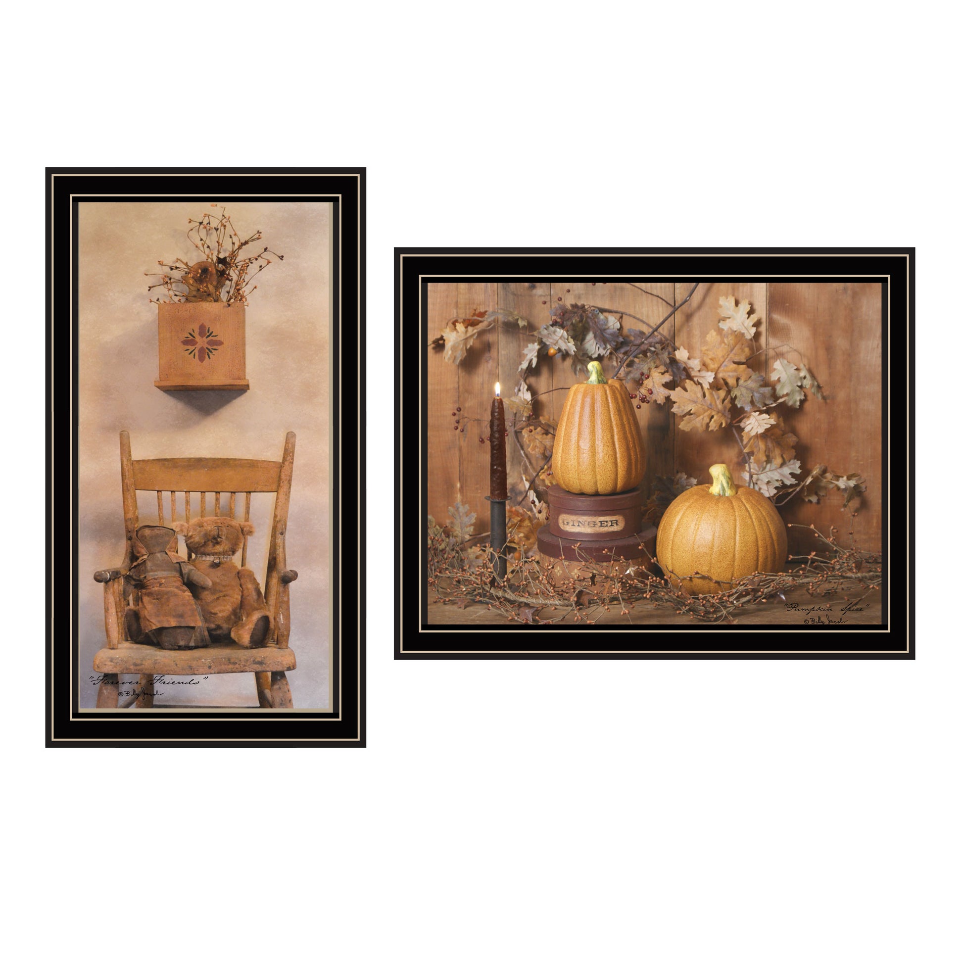 2 Piece Vignette Friends And Pumpkins Black Framed Wall Art For Living Room, Bedroom Wall Art Print For Home Decor By Billy Jacobs Multicolor Wood Paper