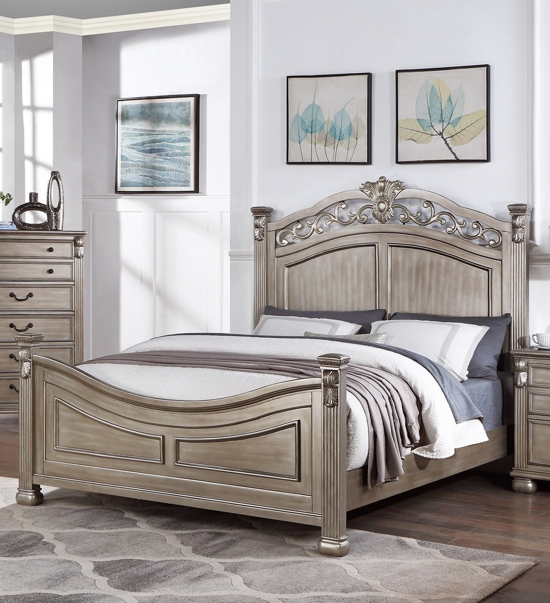 Formal Traditional Antique Silver 1Pc California King Size Bed Unique Design Headboard Footboard Bedframe Box Spring Required California King Antique Silver Wood Bedroom American Traditional,Classic,Contemporary,Luxury,Traditional Pine Bed Frame Plywood