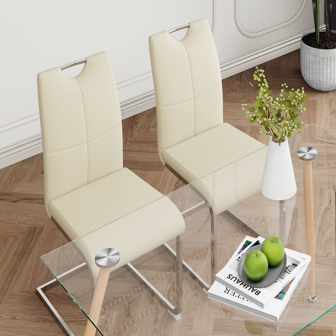 Modern Simple Rectangular Glass Dining Table, Solid Tempered Glass Countertop, Wood Transfer Metal Table Legs, Light Yellow Pu Dining Chair Set, Suitable For Restaurant Kitchen Use Set Of 5 Upholstered Chair Glass Light Yellow Seats 4 Metal Rectangular