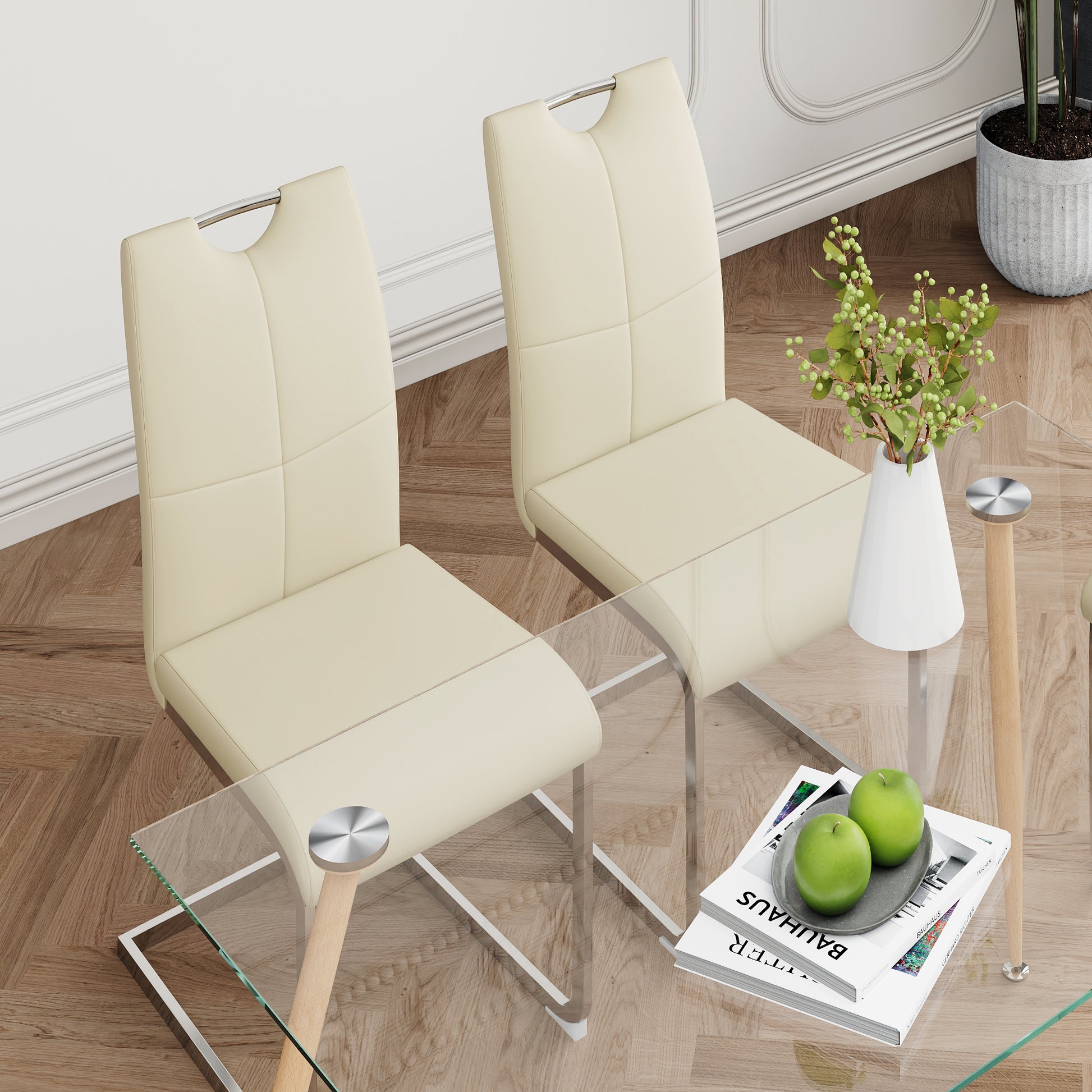 Modern Simple Rectangular Glass Dining Table, Solid Tempered Glass Countertop, Wood Transfer Metal Table Legs, Light Yellow Pu Dining Chair Set, Suitable For Restaurant Kitchen Use Set Of 5 Upholstered Chair Glass Light Yellow Seats 4 Metal Rectangular