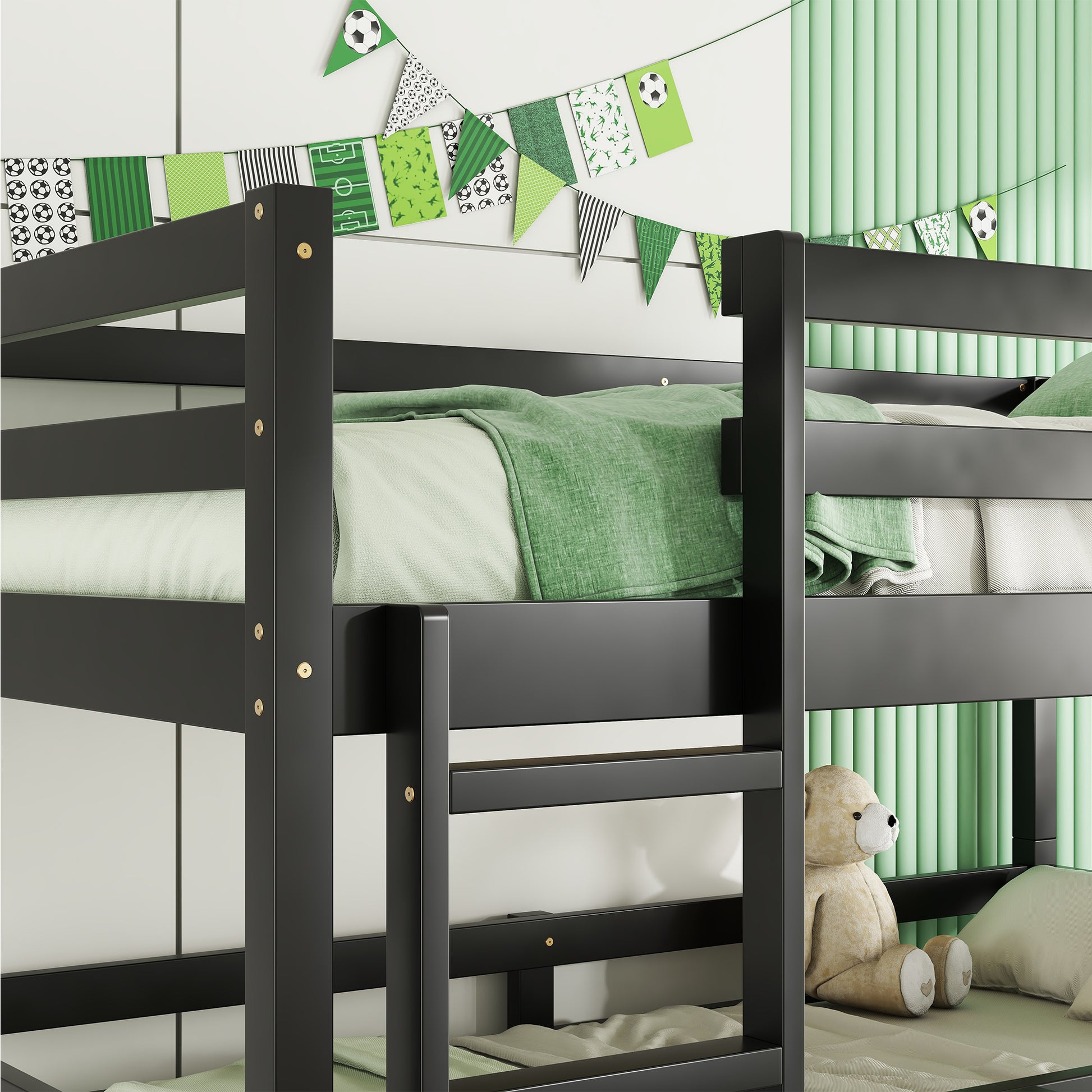 Triple Rubber Wood Bunk Bed With Two Built In Ladders, Guardrails, Twin Over Twin Over Twin, Detachable Triple Twin Bunk Bed,Black Twin Black Bedroom American Design Bed Frame Rubber Wood