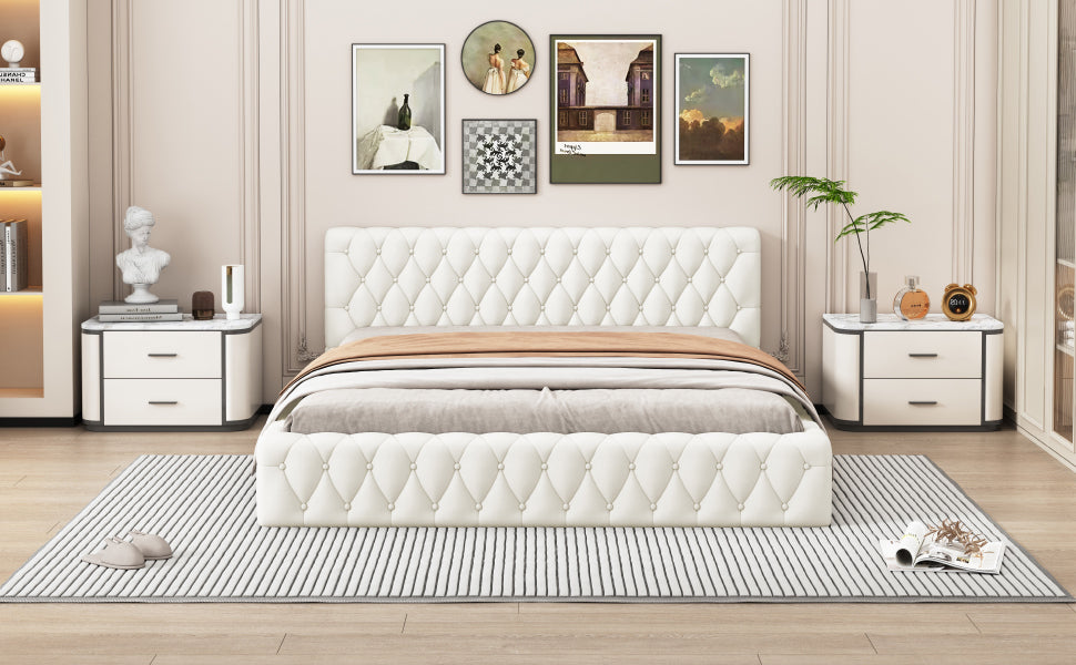 Queen Size Velvet Upholstered Platform Bed, With Luxurious Diamond Grid Headboard,Beige Queen Beige Plywood