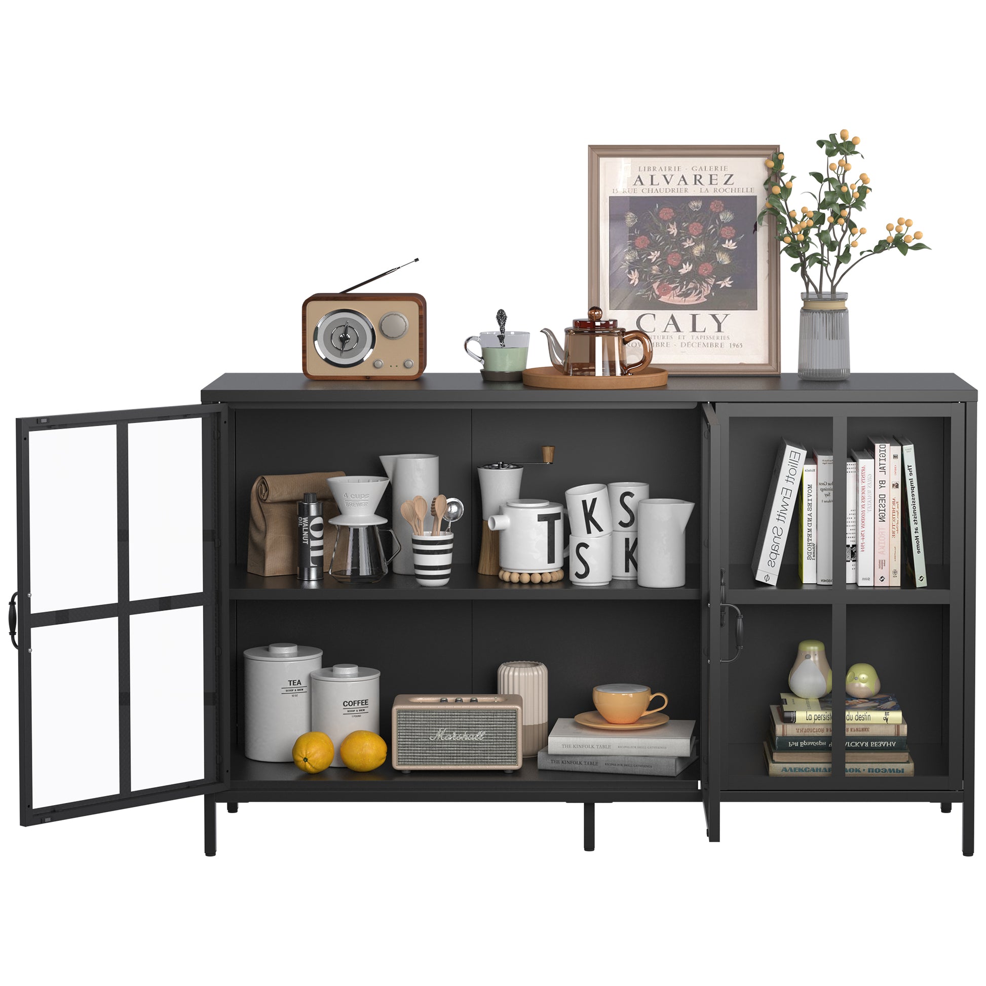 Heavy Duty Metal Modern Sideboard Buffet Cabinet With Storage Premium Steel Storage Cabinet ,Adjustable Feet,Glass Doors,Large Capacity Organizer For Living Room,Bed Room,Dining Room Black Kitchen