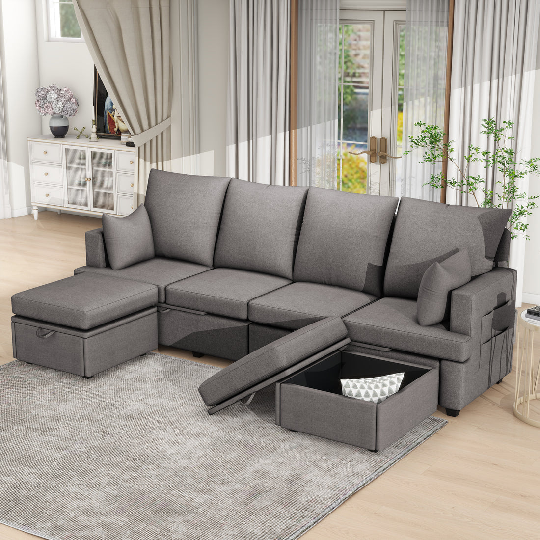 Modern U Shape Modular Sofa, 6 Seat Chenile Sectional Couch Set With 2 Pilows Lncluded, Freely Combinableindoor Funiture For Living Room,Apartment, Office, 3 Colors Dark Grey Chenille Metal Primary Living Space Medium Soft Loose Back Modern Poplar Foam