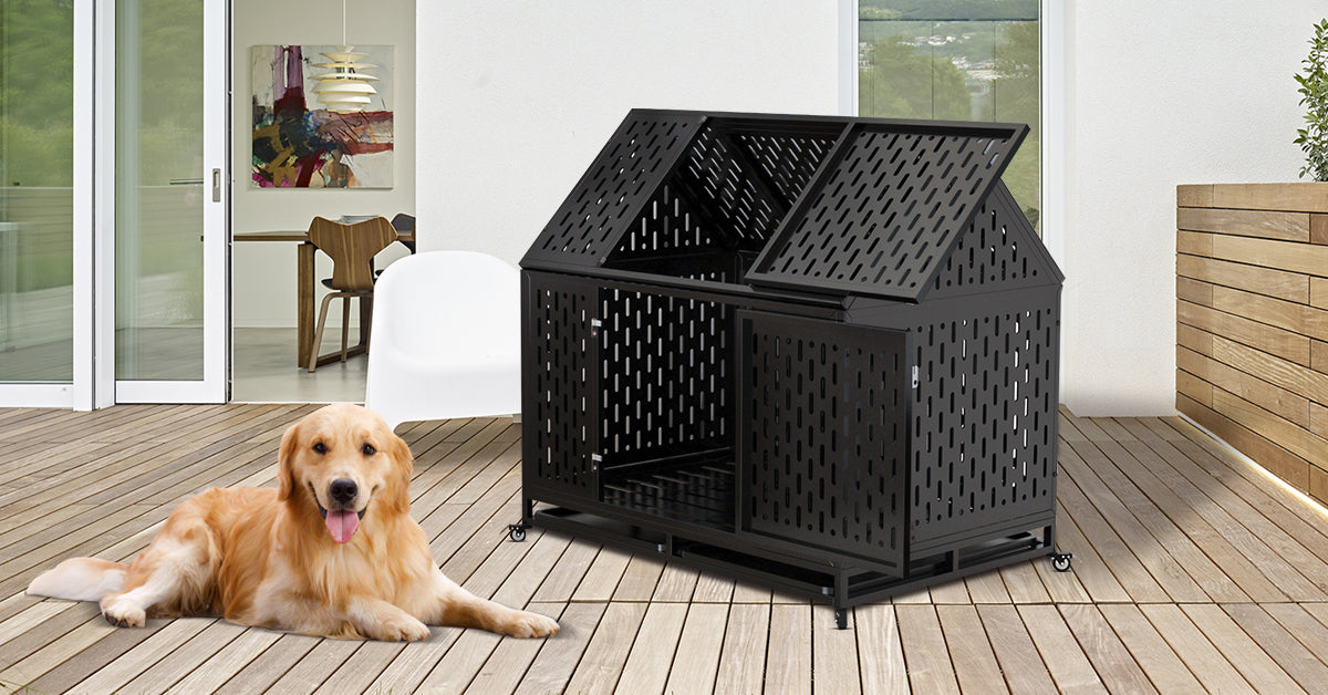 45" Heavy Duty Dog Crate 45 Inch Indestructible Pet Dog Cage Crate Kennel With Roof Top 2 Doors Removable Trays, Lockable Wheels, Escape Proof For High Anxiety Large Extra Dogs Black Outdoor Kennel Large 41 70 Lbs Steel