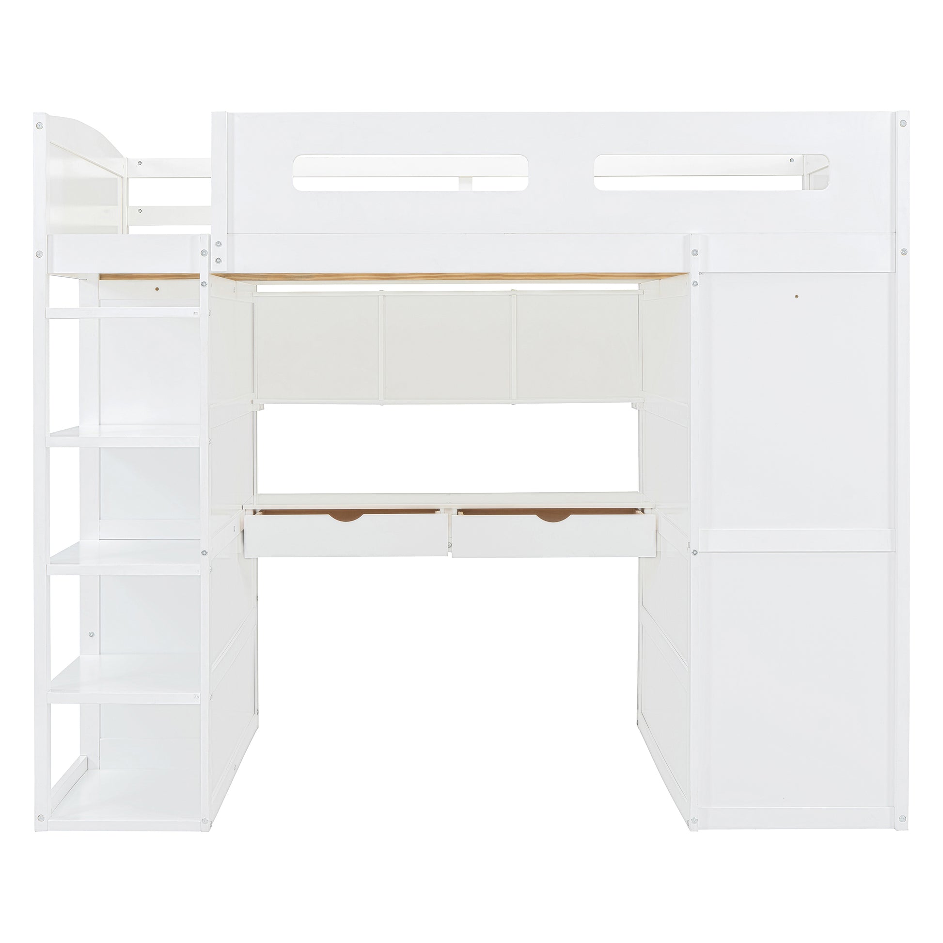 Full Size Loft Bed With Desk, Wardrobes, 4 Drawers And 4 Shelves White Full White Solid Wood