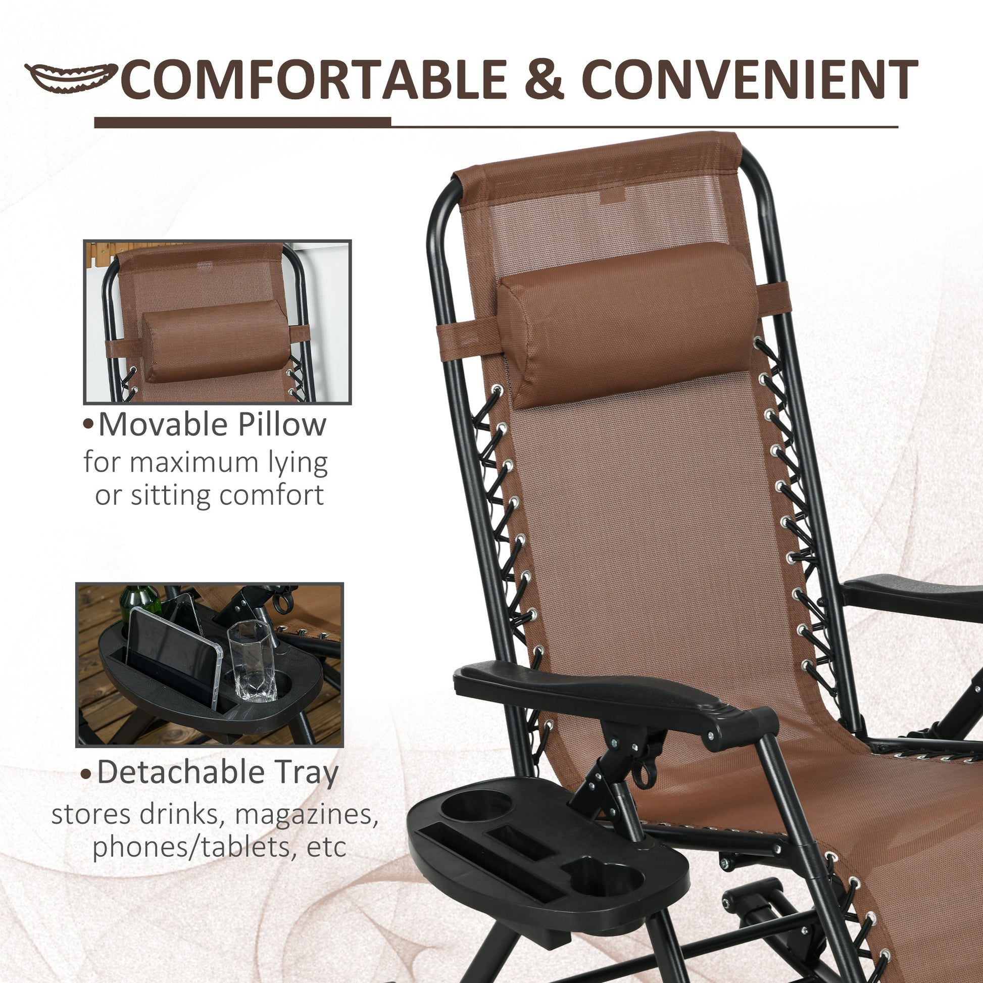 Outsunny Set Of 2 Outdoor Rocking Chairs, Foldable Reclining Zero Gravity Lounge Rocker With Pillow, Cup & Phone Holder, Combo Design With Folding Legs, Brown Brown Fabric Metal