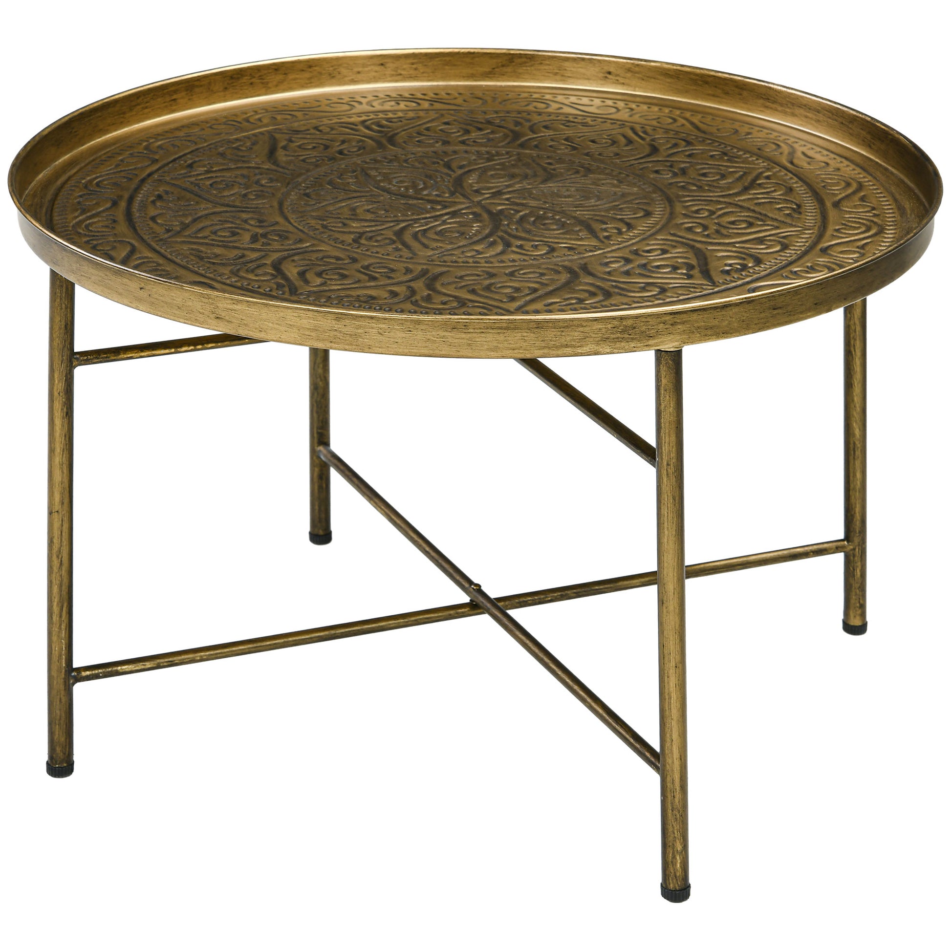 Homcom 24" Round Coffee Table With Hammered Tray Top, Vintage Metal Center Table For Living Room, Bedroom, Side Table, Gold Gold Metal