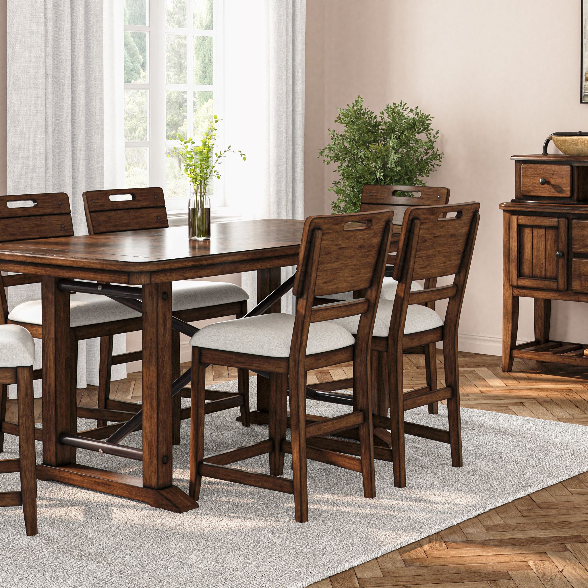 Casual Counter Height Double Pedestal Dining Table Brown Finish Brown Solid Wood Mdf