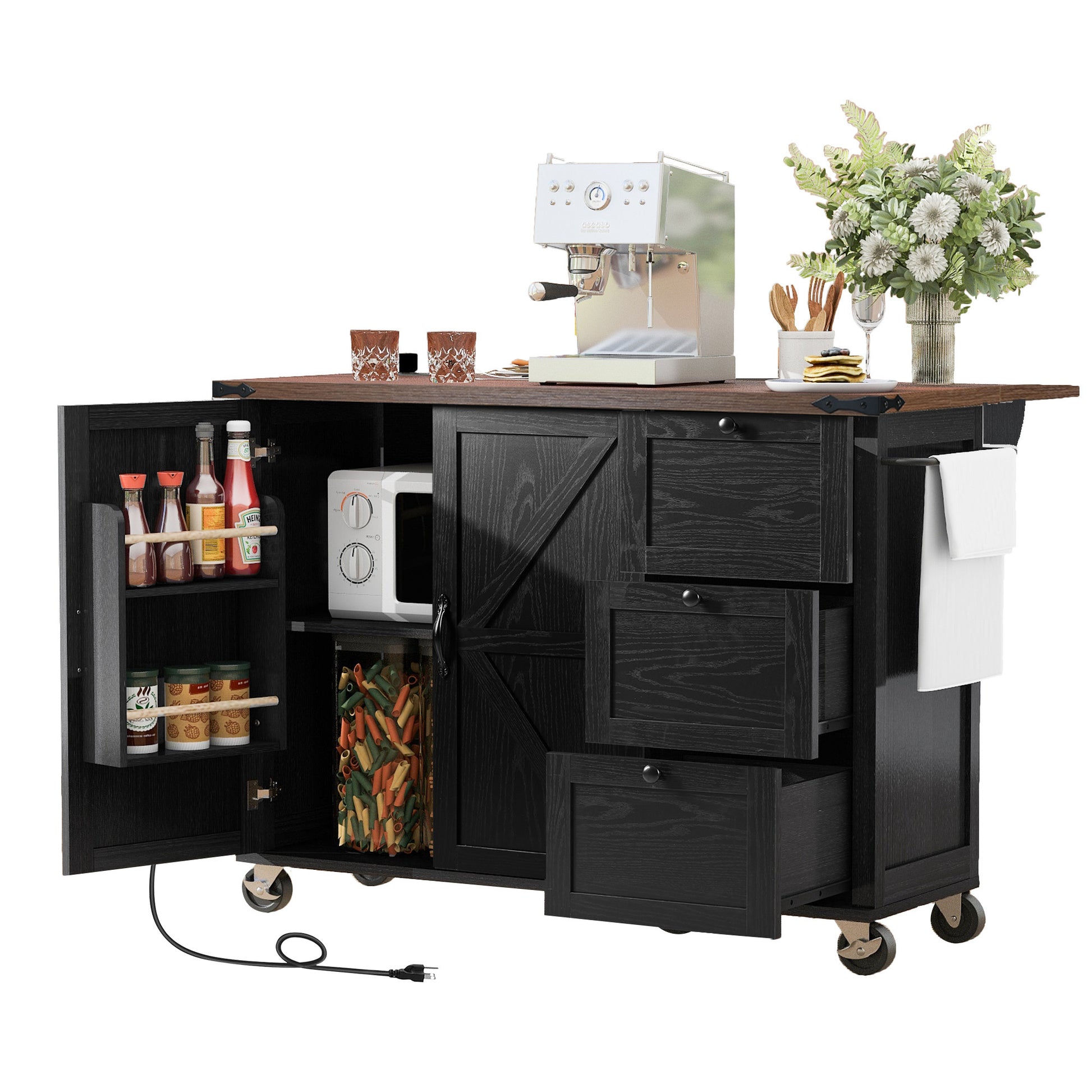 K&K 54.5" Farmhouse Kitchen Island With Power Outlet, Kitchen Storage Island With Internal Storage Rack, Drop Leaf, Spice Rack, Rolling Kitchen Cart On Wheels, For Home, Kitchen And Dining Room,Black Black Brown Kitchen Classic,Farmhouse,Luxury,Modern