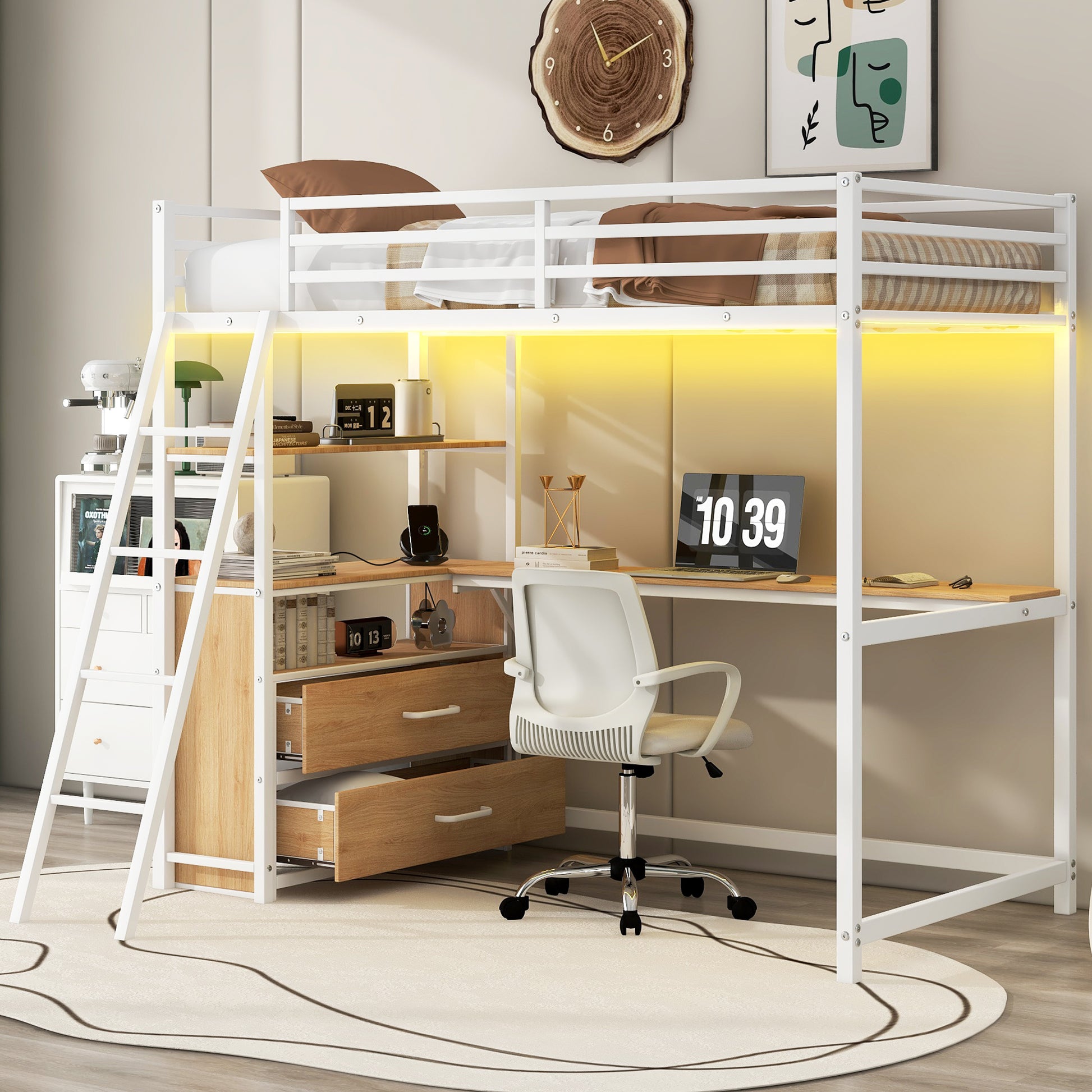 Twin Size Metal&Wood Loft Bed With Desk And Shelves, Two Built In Drawers, Led Light And Usb Charging Station, White Twin Oak Natural Wood Antique White Metal & Wood