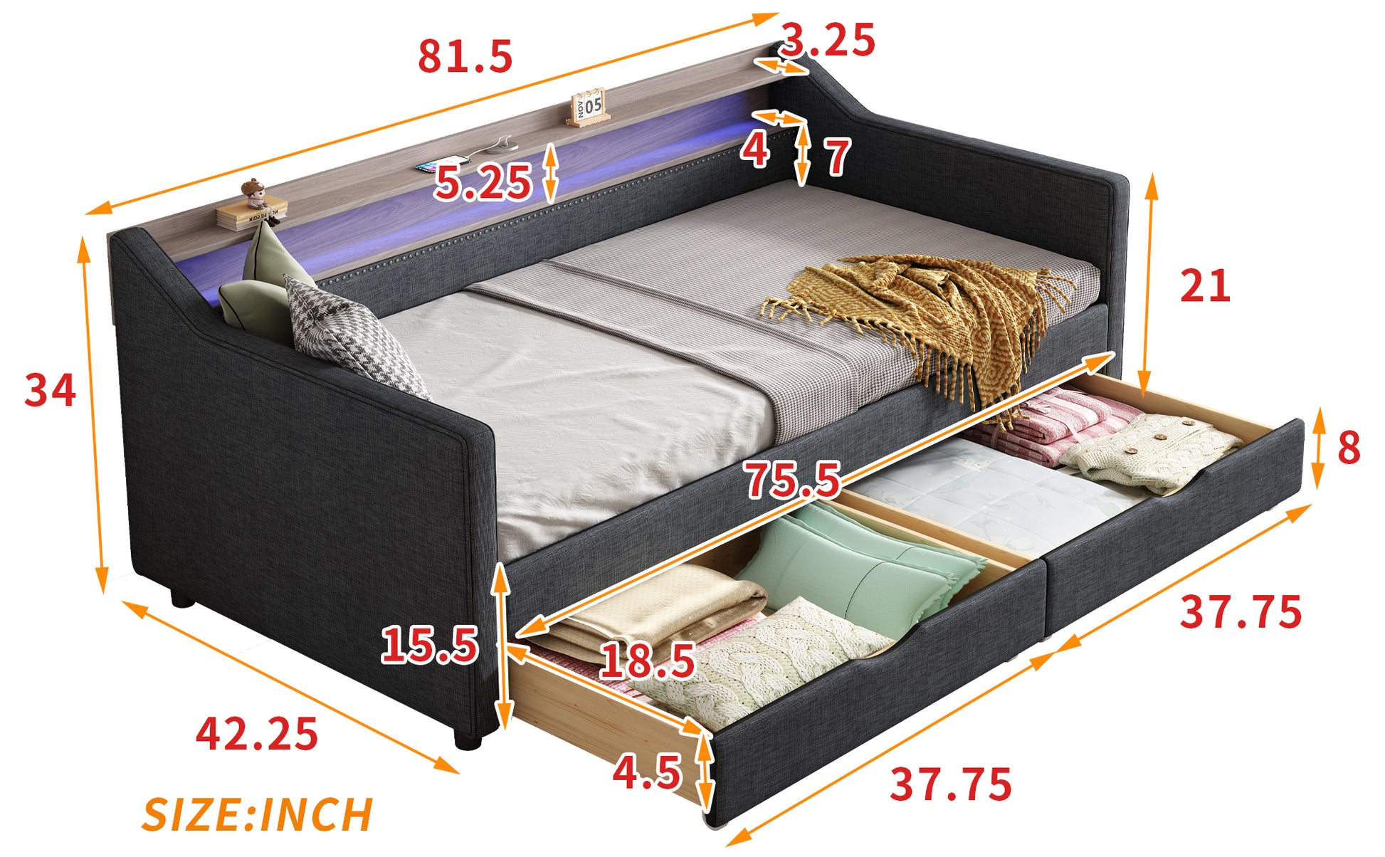 Twin Size Daybed With 2 Storage Drawers And 2 Tier Shelf & Usb Type C Port, Modern Linen Upholstered Sofa Day Bed Frame With Smart Led Light For Livingroom, Apartment, Dark Grey Box Spring Not