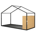 Twin Size Metal Bed House Bed Frame With Shelves And Lights, Black Twin Black Metal & Wood