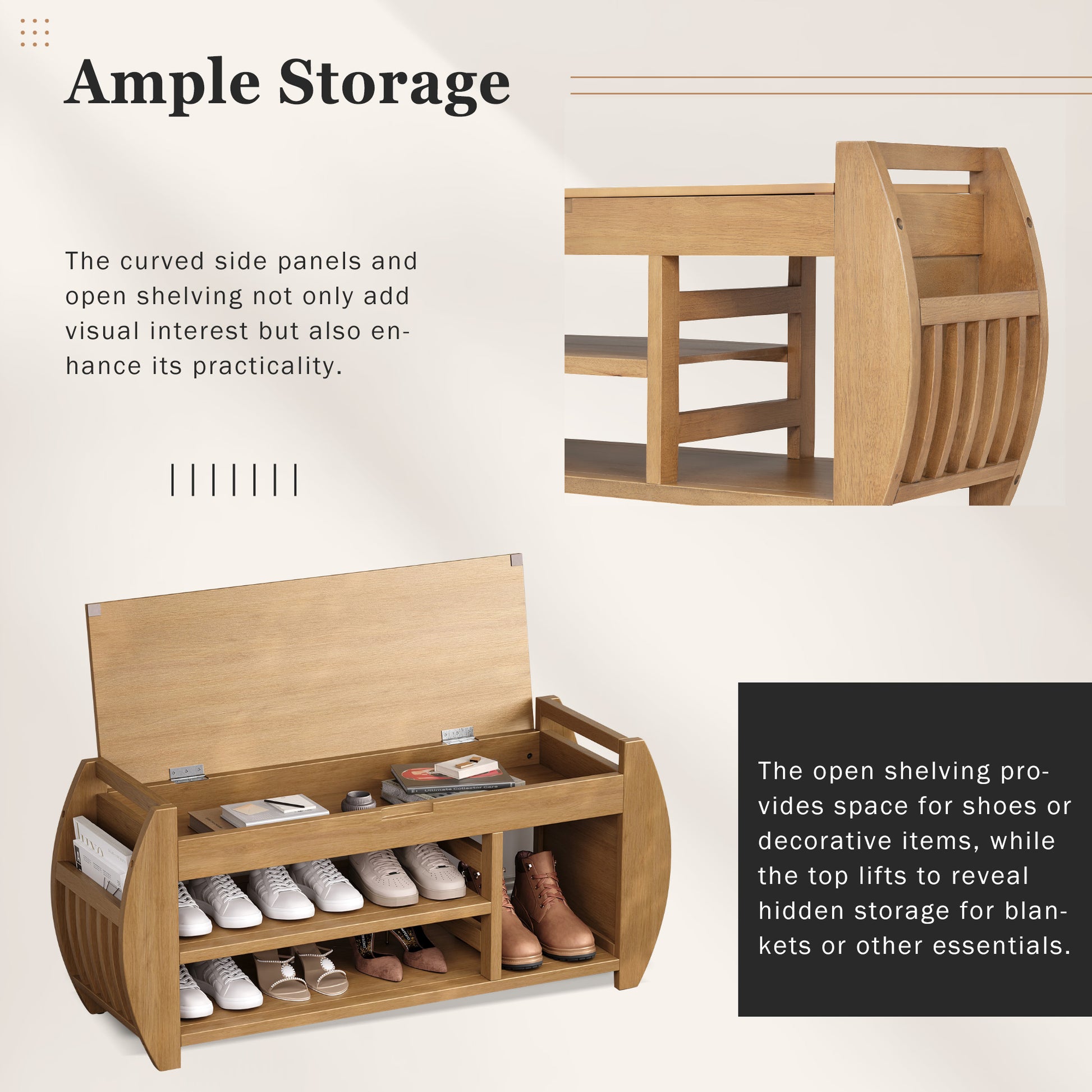 Retro Multifunctional Storage Bench With Cushion And Curved Side Panel For Entrance And Living Room Natural Natural Mdf