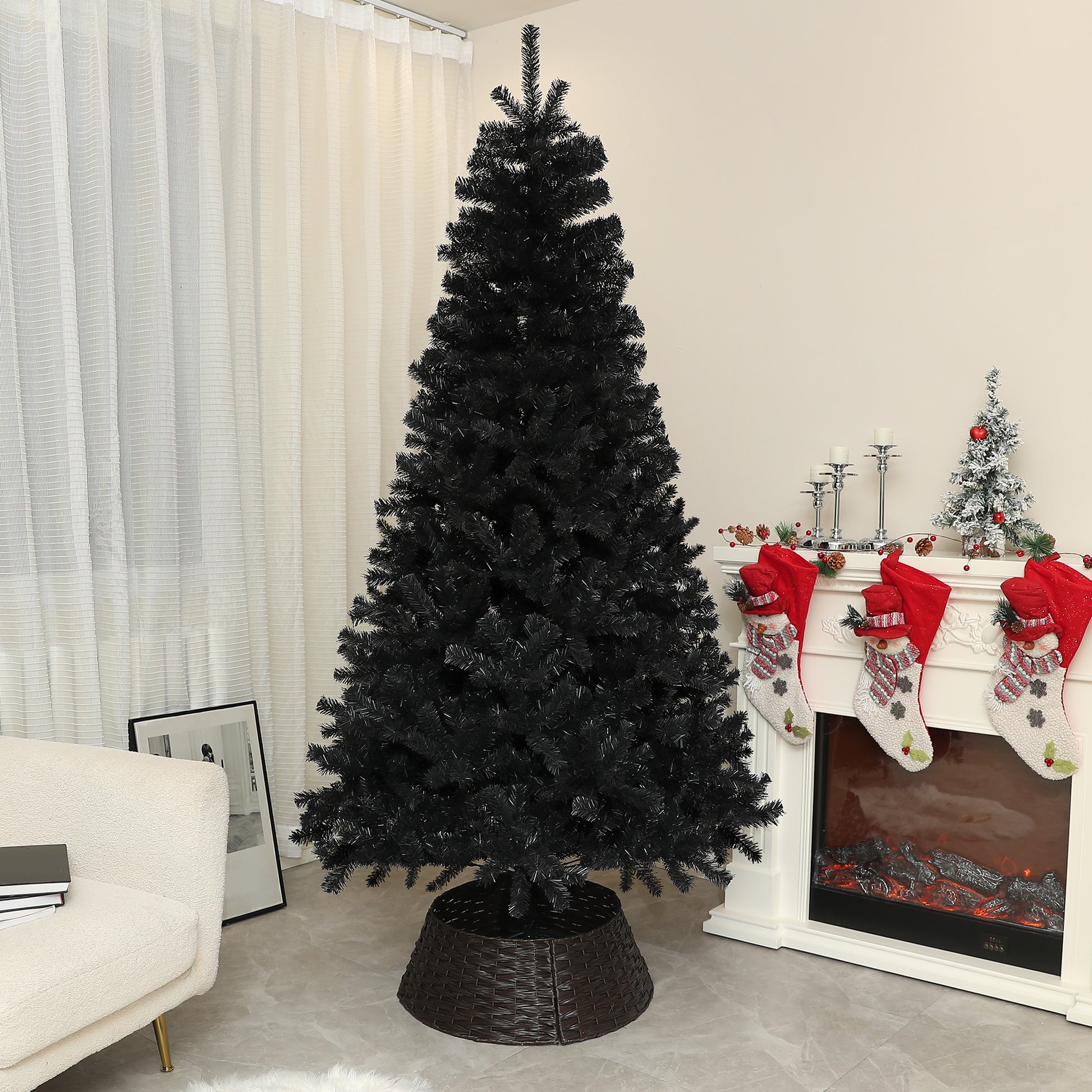 Homcom 7.5Ft Tall Artificial Christmas Tree, Unlit Xmas Tree With 1346 Branch Tips, Auto Open, Steel Base, Holiday D Cor For Home Office, Black Black Steel