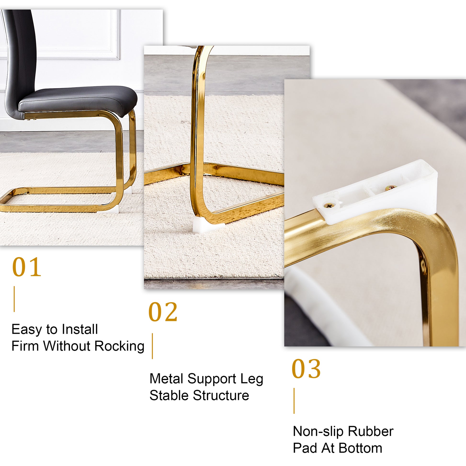 Table And Chair Set.Modern Rectangular Dining Table With Black Textured Stickers Glass Tabletop And Gold Plated Metal Legs.Paried With 4 Comfortable Chairs With Pu Seats And Golden Metal Legs. Black Gold Seats 4 Glass Metal