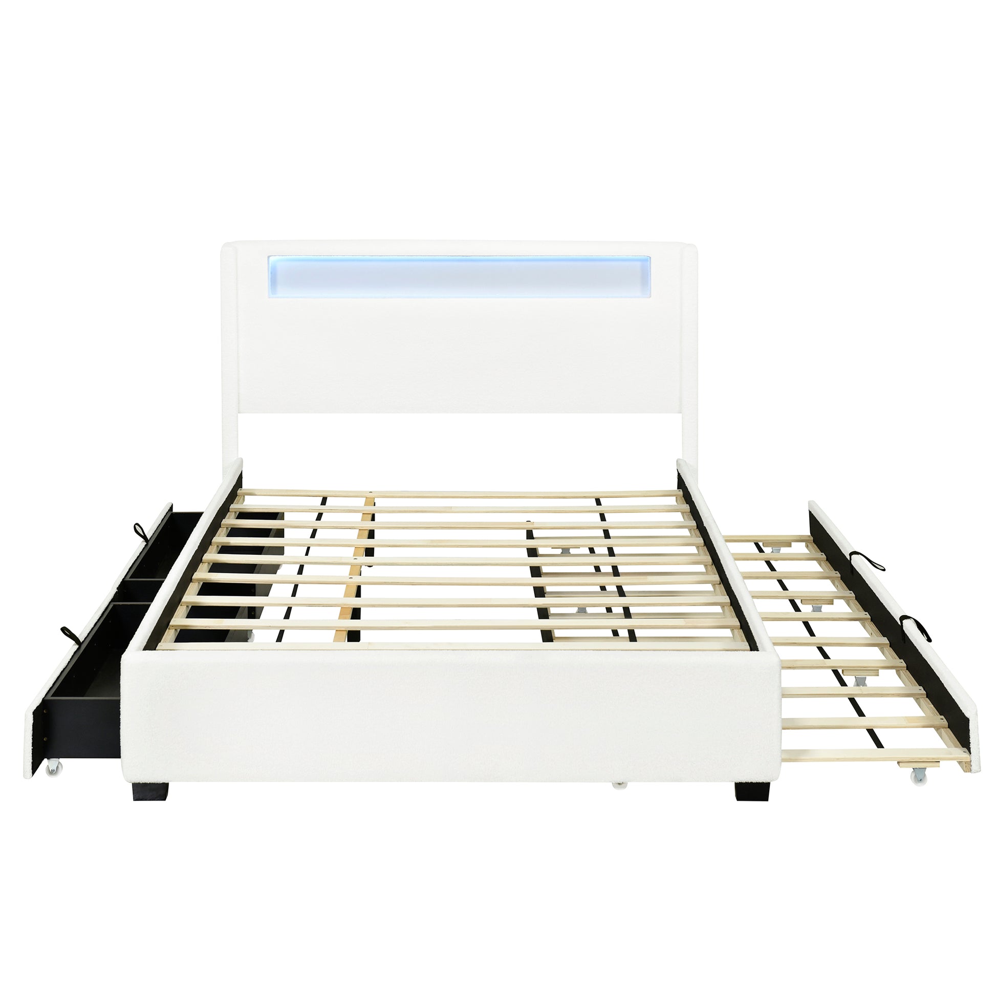 Queen Size Upholstered Platform Bed With Led Frame, With Twin Xl Size Trundle And 2 Drawers, Teddy Fleece, White White Fleece