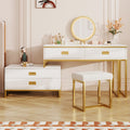 Modern Style Vanity Table With Movable Side Cabinet And 4 Drawers, Large Size Dressing Table With Mirror And 3 Colors Led Light, Makeup Table With Stool, White, Lden Legs Gold White 4 Drawers Mdf Metal