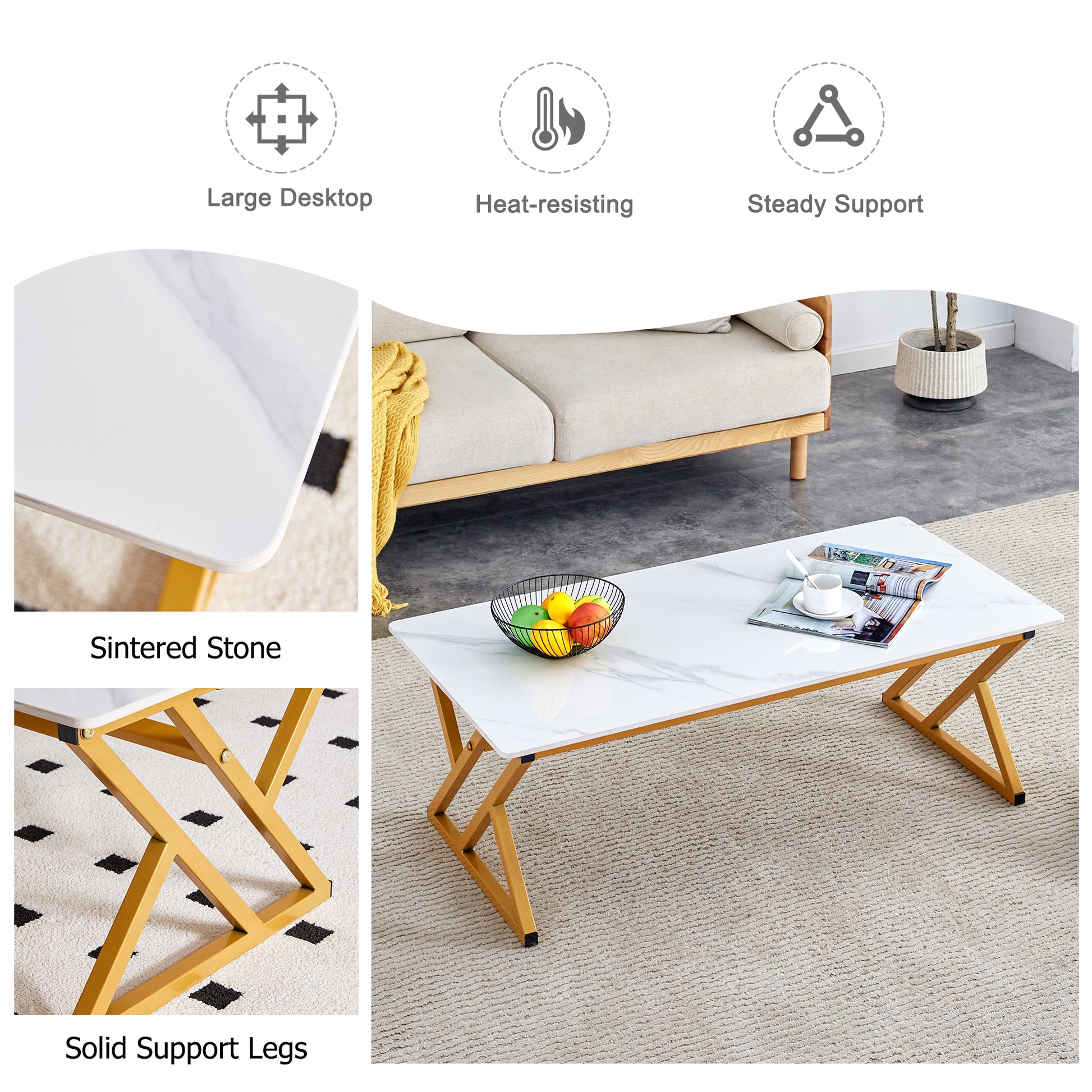 0.4Inch Thick White Marble Patterned Rock Table, Easy To Clean, Paired With Golden Metal Legs, Sturdy And Durable. Large Size Can Meet Various Needs.Can Be Used As A Dining Table, Coffee Table.47*23.6 White Sintered Stone