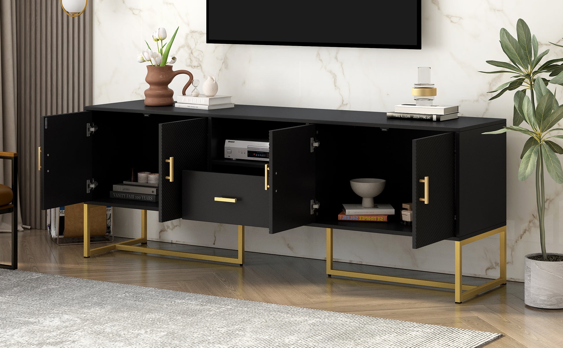 Modern Tv Stand For Tv Up To 70 Inches,Tv Cabinet With 1 Drawer, 2 Cabinets And Metal Legs, Handles And Anti Tip Device For Living Room Black 70 79 Inches Mdf