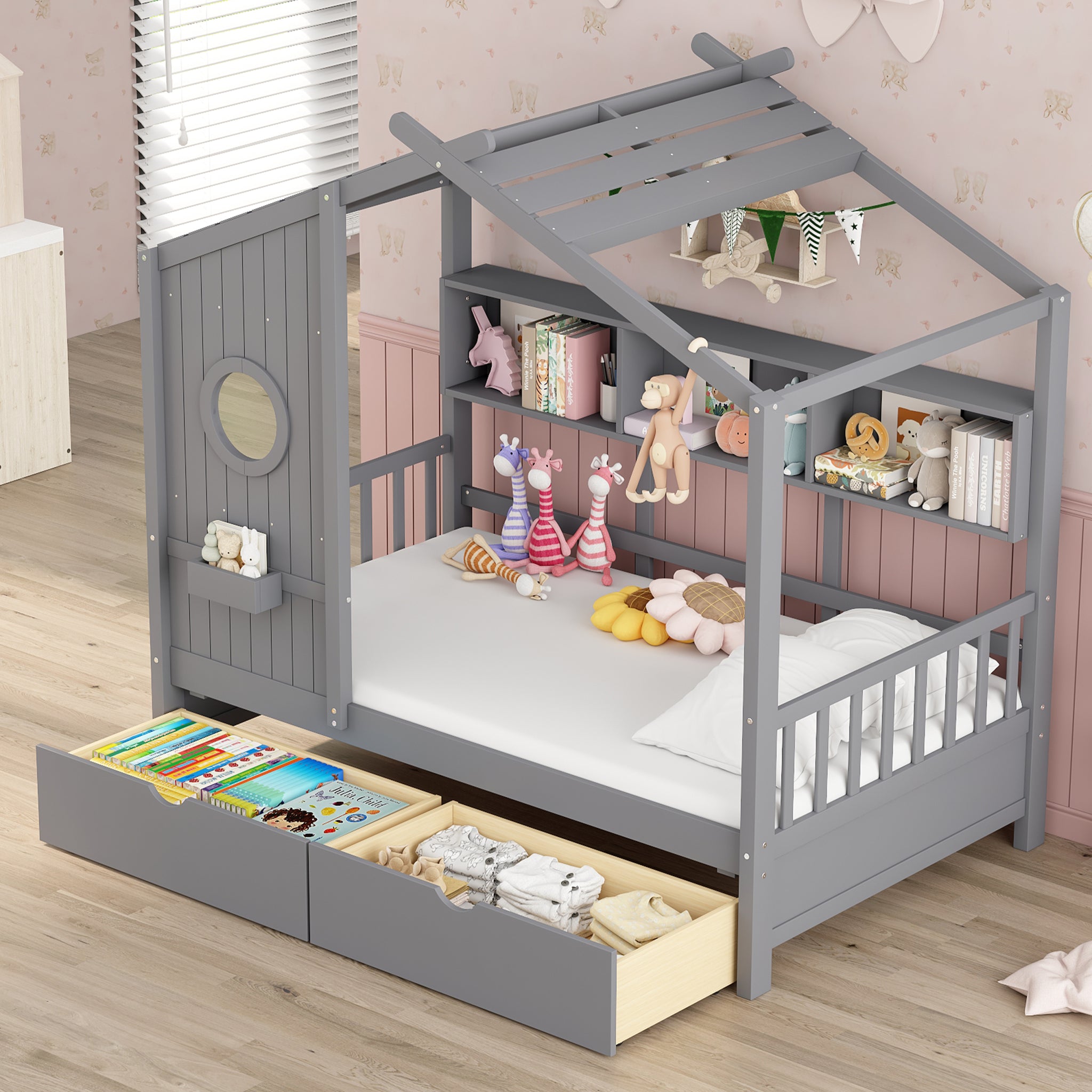 Wooden Twin Size House Bed With 2 Drawers,Kids Bed With Storage Shelf, Gray Twin Gray Solid Wood