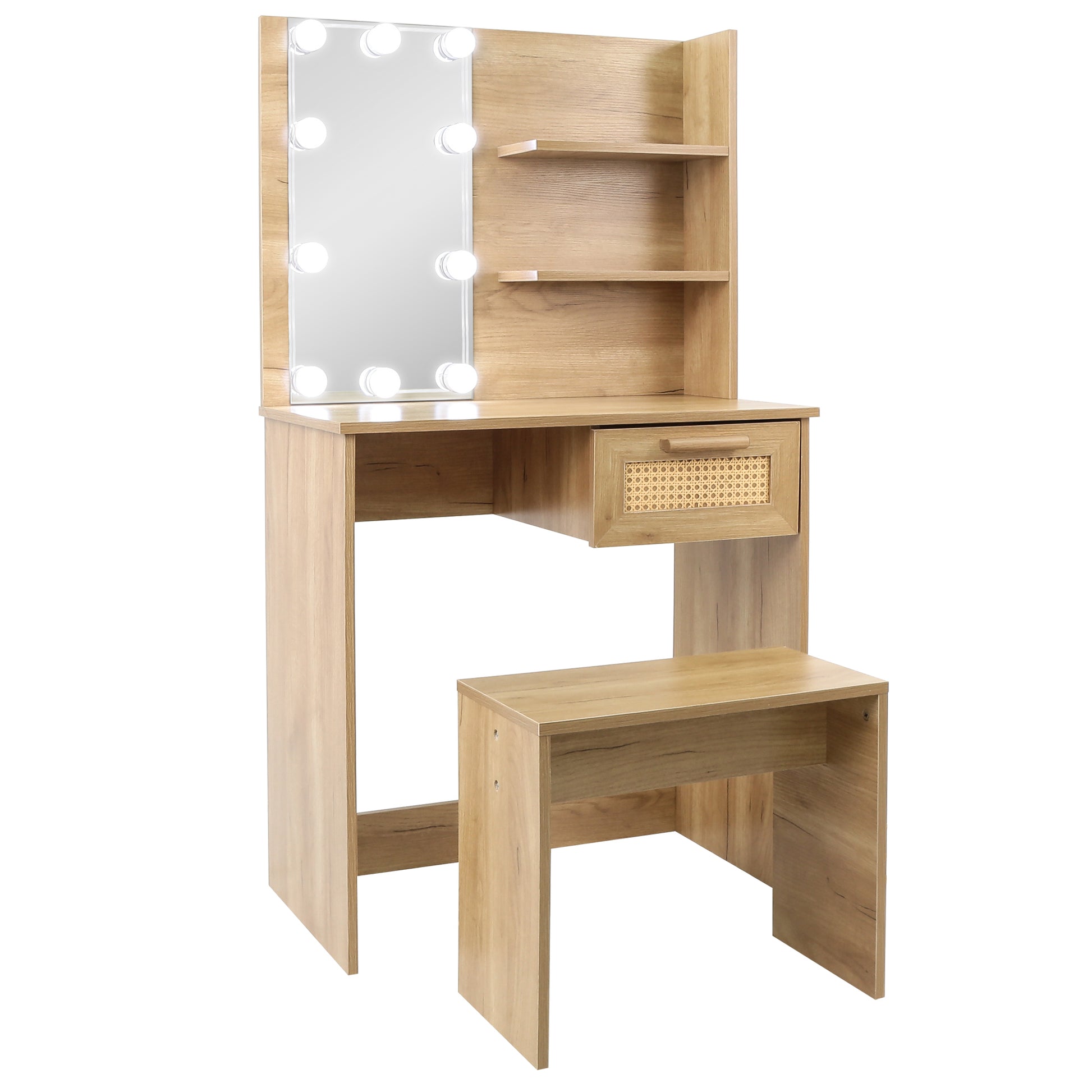 Vanity Desk Set Stool & Dressing Table With Led Lighting Mirror Drawer And Compartments Modern Wood Cosmetic Table Chest Of Drawers Nature Color Natural Wood Particle Board