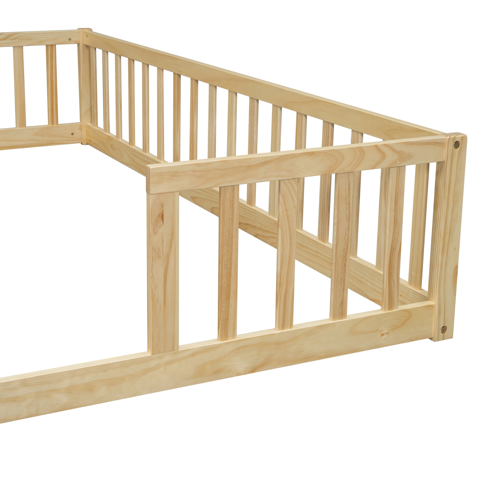 Double Twin Floor Bed With Fence, Guardrails, Without Door, Natural Twin Natural American Design Pine