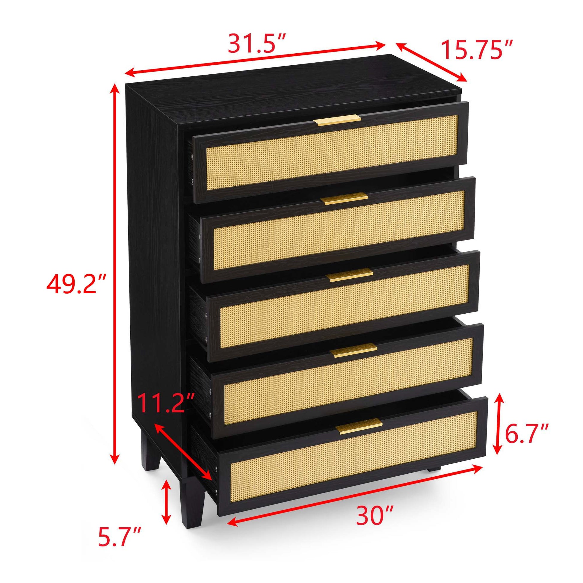 Bedroom 5 Drawer Dresser, Rattan Dresser Modern Wooden Chest Of Drawers With Spacious Storage Space For Bedroom Hallway Living Room Black Solid Wood Mdf