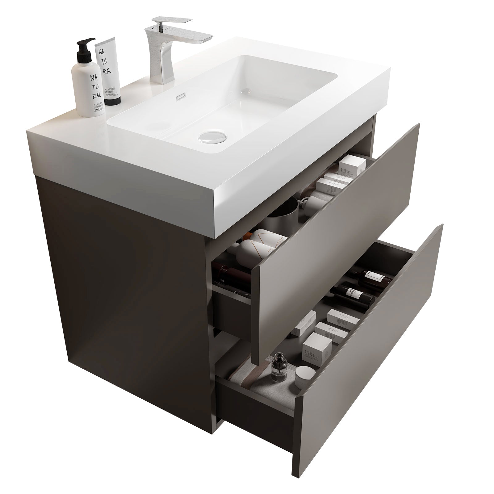 Alice 30" Gray Bathroom Vanity With Sink, Large Storage Wall Mounted Floating Bathroom Vanity For Modern Bathroom, One Piece White Sink Basin Without Drain And Faucet, Pre Assembled Gray Bathroom Modern Particle Board