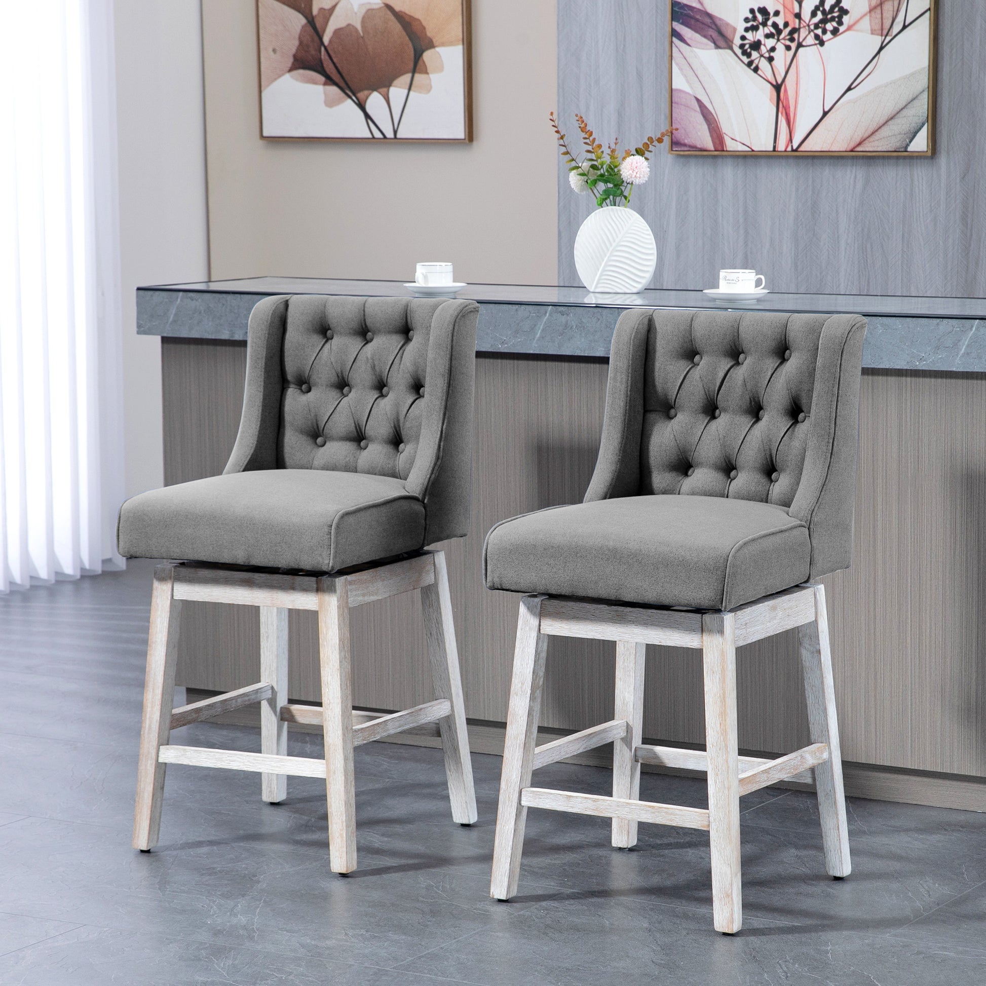 Homcom Counter Height Bar Stools Set Of 2, 180 Degree Swivel Barstools, 27" Seat Height Bar Chairs With Solid Wood Footrests And Button Tufted Design, Gray Gray Rubber Wood