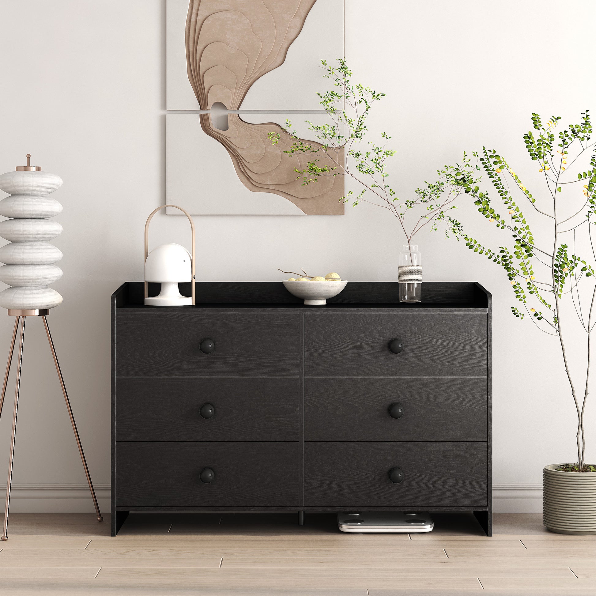 Chest Of Drawers Black Dresser6 Drawer Chest With Wide Storage, Modern Contemporary 6 Drawer Cabinet, Dresser For Bedroom Living Room Hallway Black Mdf