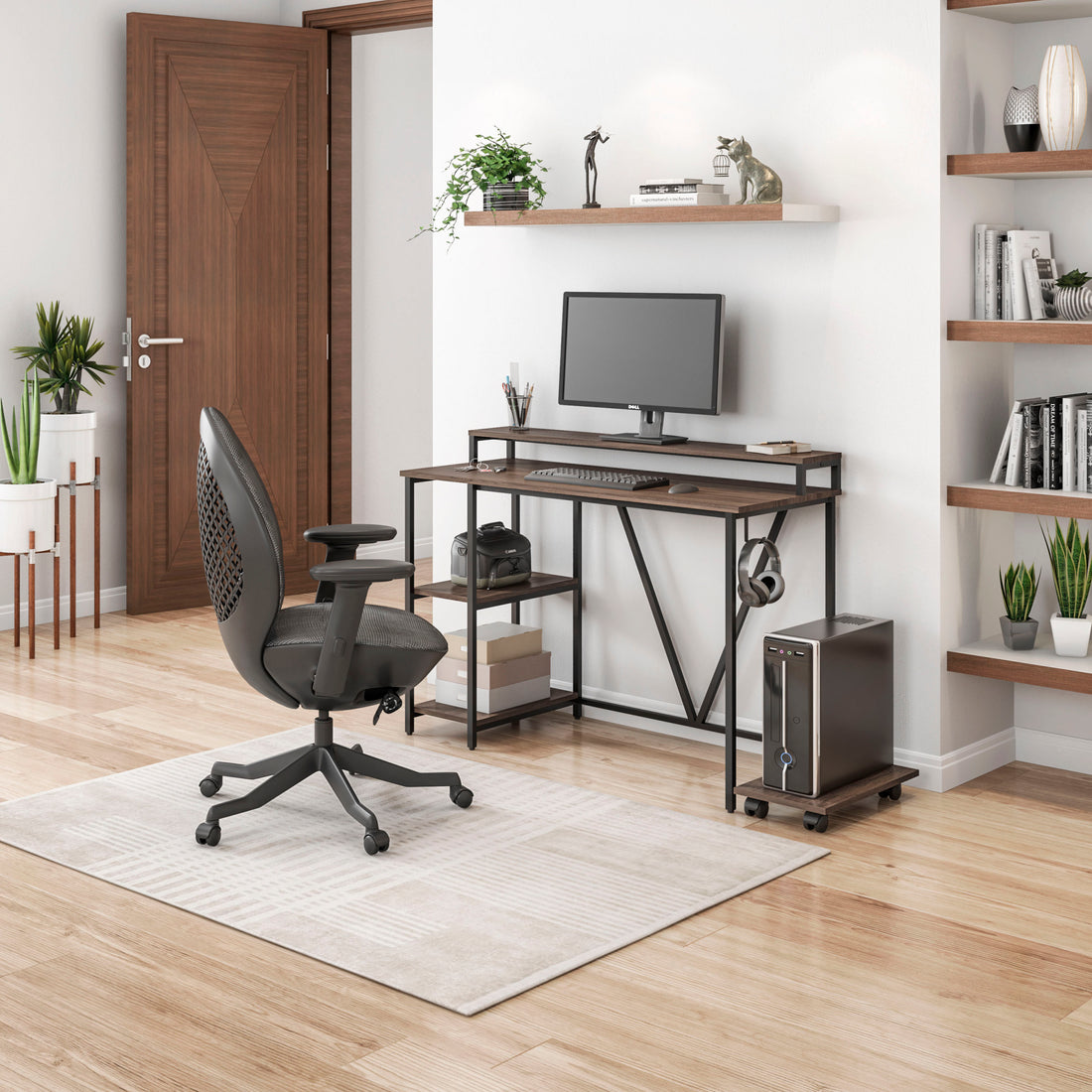 Techni Mobili Industrial Writing Desk, Walnut Walnut Computer Desk Office Modern Rectangular Rectangular Engineered Wood