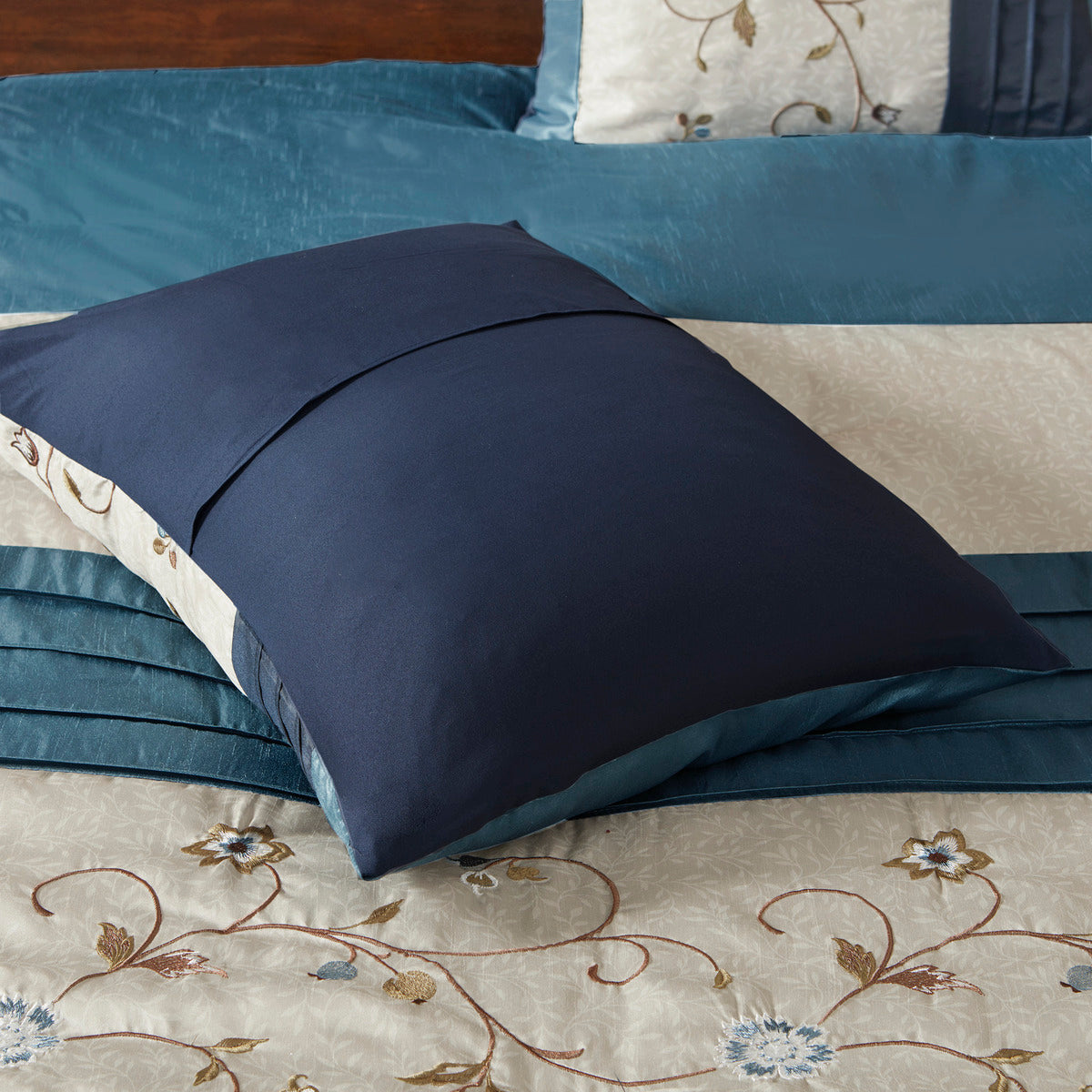 Embroidered 7 Piece Comforter Set Navy King King Navy Polyester
