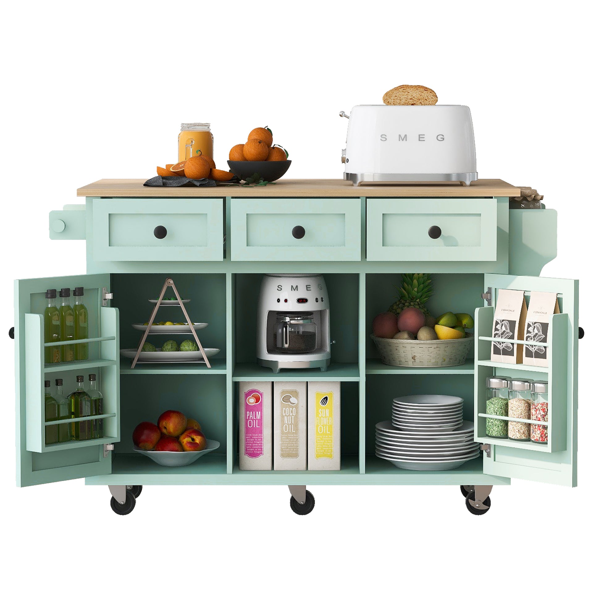 Kitchen Cart With Rubber Wood Drop Leaf Countertop ,Cabinet Door Internal Storage Racks,Kitchen Island On 5 Wheels With Storage Cabinet And 3 Drawers For Dinning Room, Mint Green Mint Green Kitchen American Design,American Traditional,Antique Rectangular