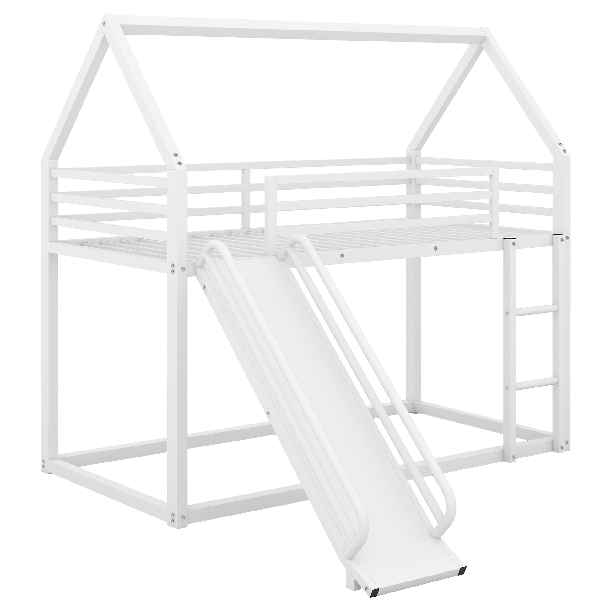 Twin Over Twin House Bunk Bed With Ladder And Slide,White Twin White Metal