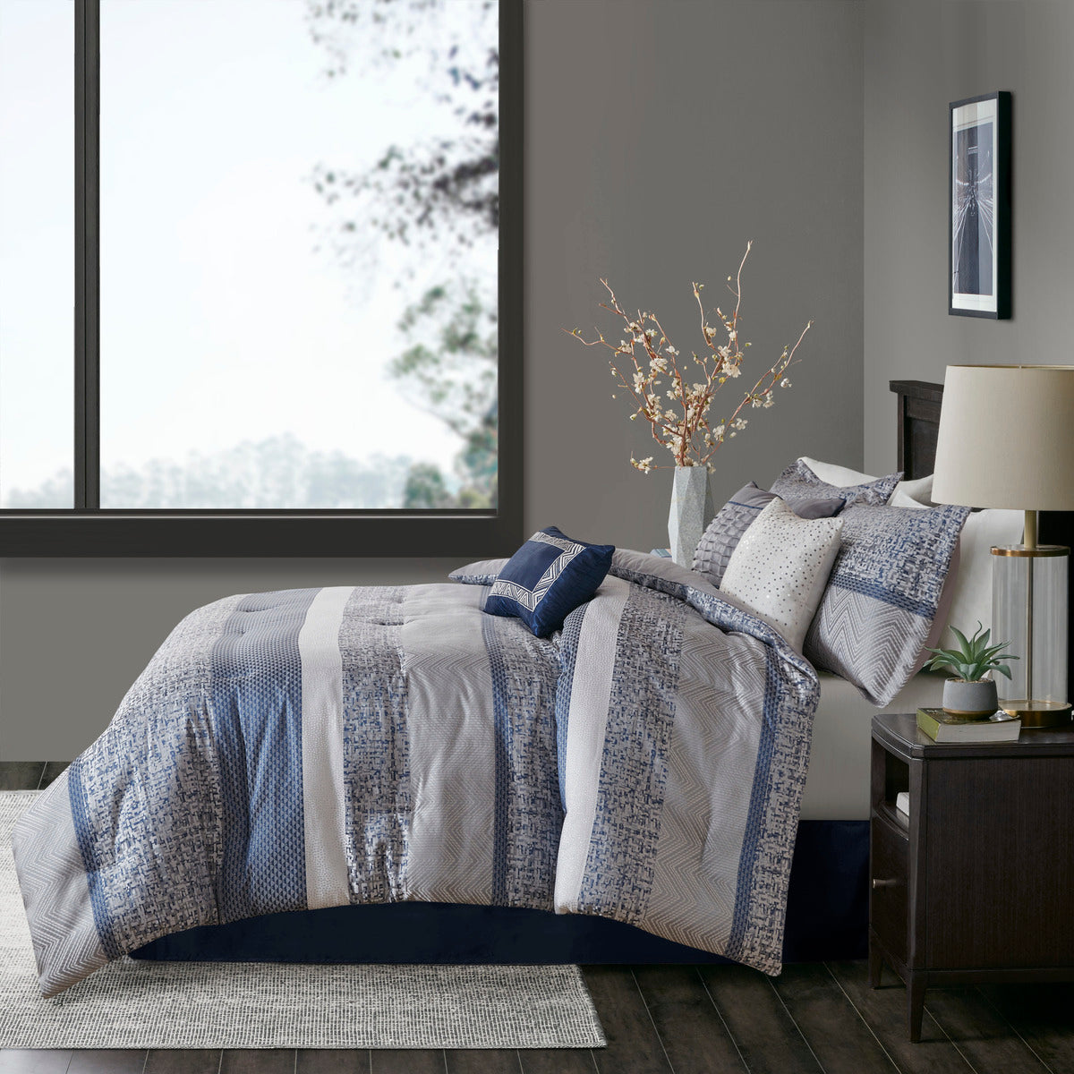 7 Piece Jacquard Comforter Set Navy Queen Queen Navy Polyester