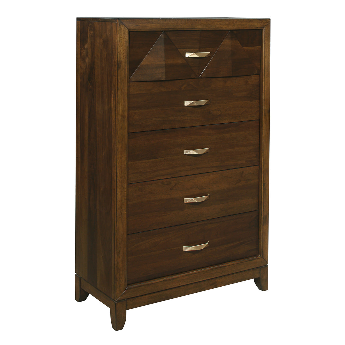 Modern Bedroom Walnut Finish 1Pc Chest Of 5 Drawers Decorative Angled Front Satin Brass Tone Handles Wooden Furniture Walnut Contemporary,Modern Wood