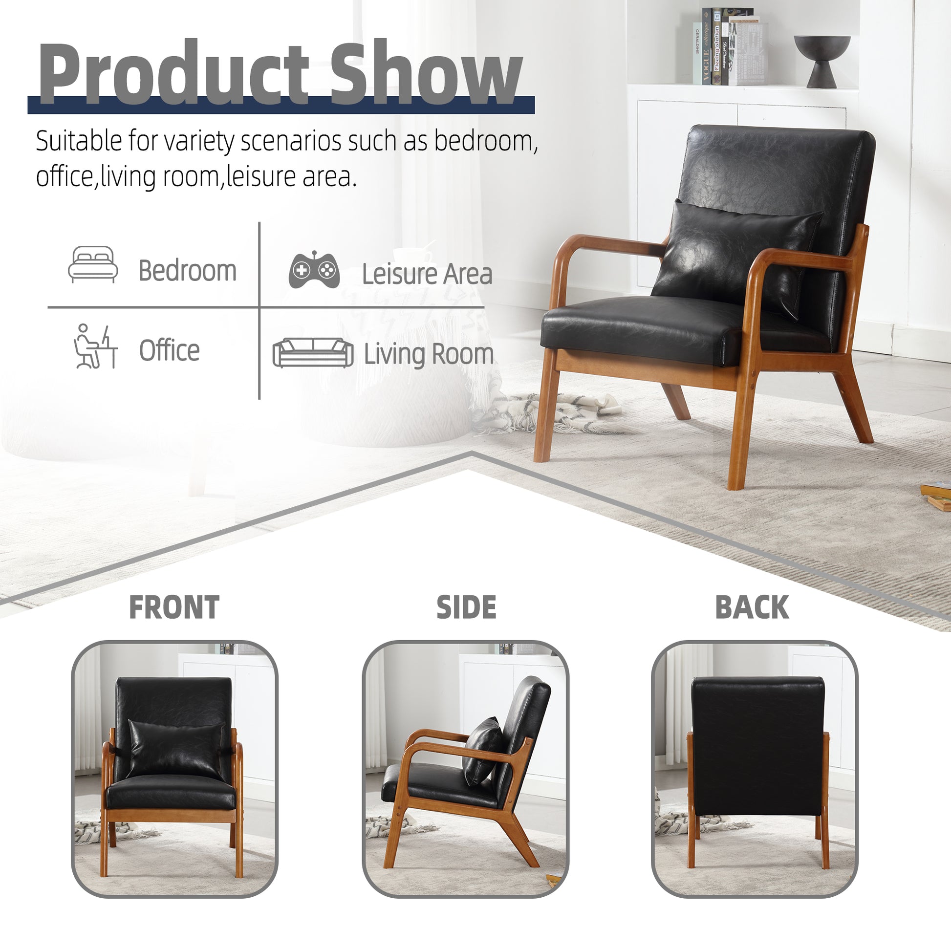Coolmore Modern Accent Chair, Solid Wood Padding Lounge Armchairs With One Pillow For Living Room, Bedroom, Guest Room Black Pu Black Pu Brown Primary Living Space Modern Rubberwood Foam Pu Leather