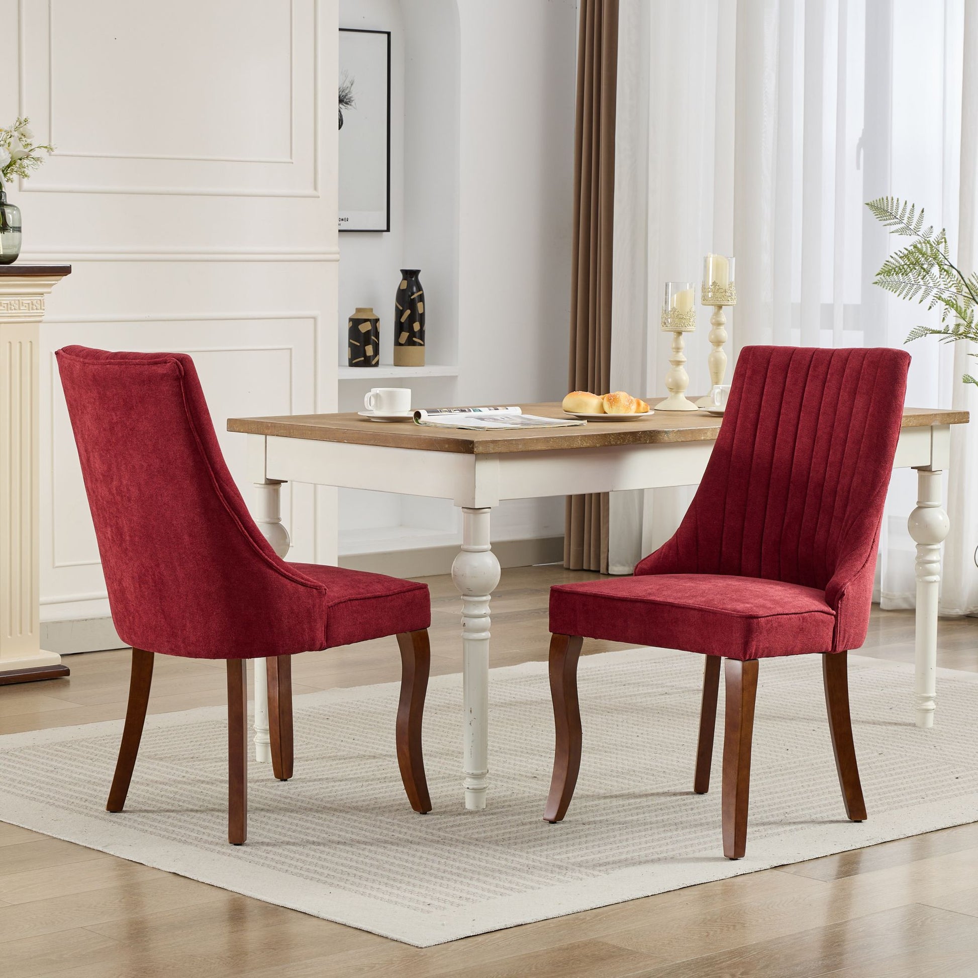 Rayon Cloth Flocking Linen Dining Chairs Channel Kitchen Dinner Chair Comfy Fabric Upholstered Accent Chair For Dining Room With Curved Solid Wood Legs,Set Of 2 Wine Red , Sw1847Wr Wine Red Light